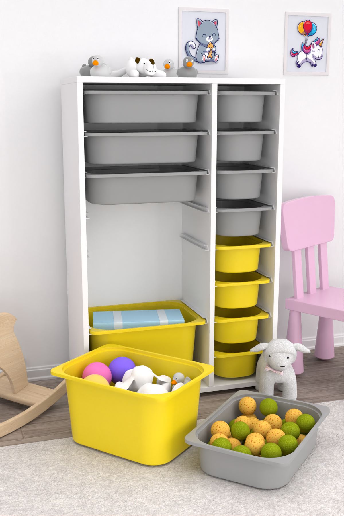 Armário Multiuso – 69,5cm x 109cm x 30cm – Branco, Cinza, Amarelo – MDF