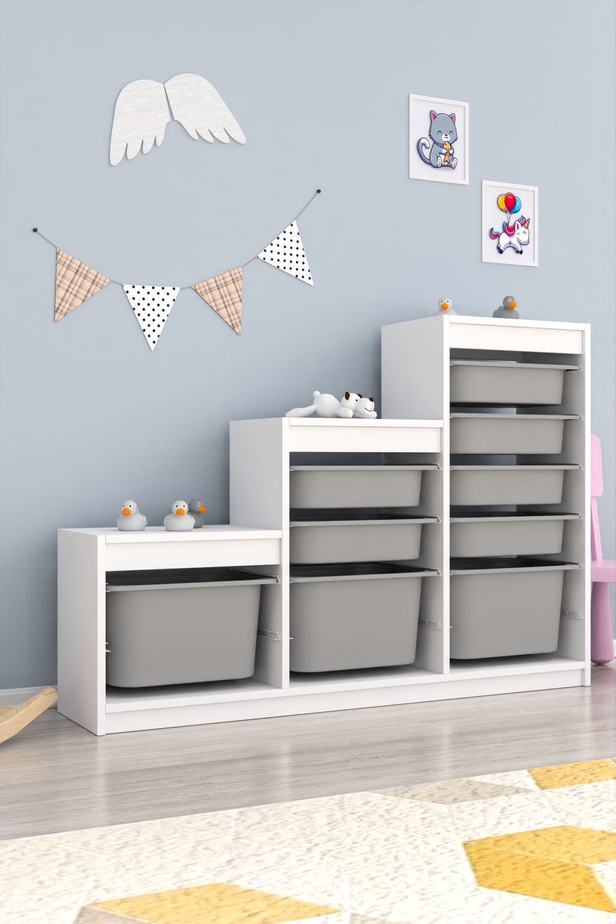 Armário Multiuso – 132 cm x 93 cm x 30 cm – Branco e Cinza – MDF