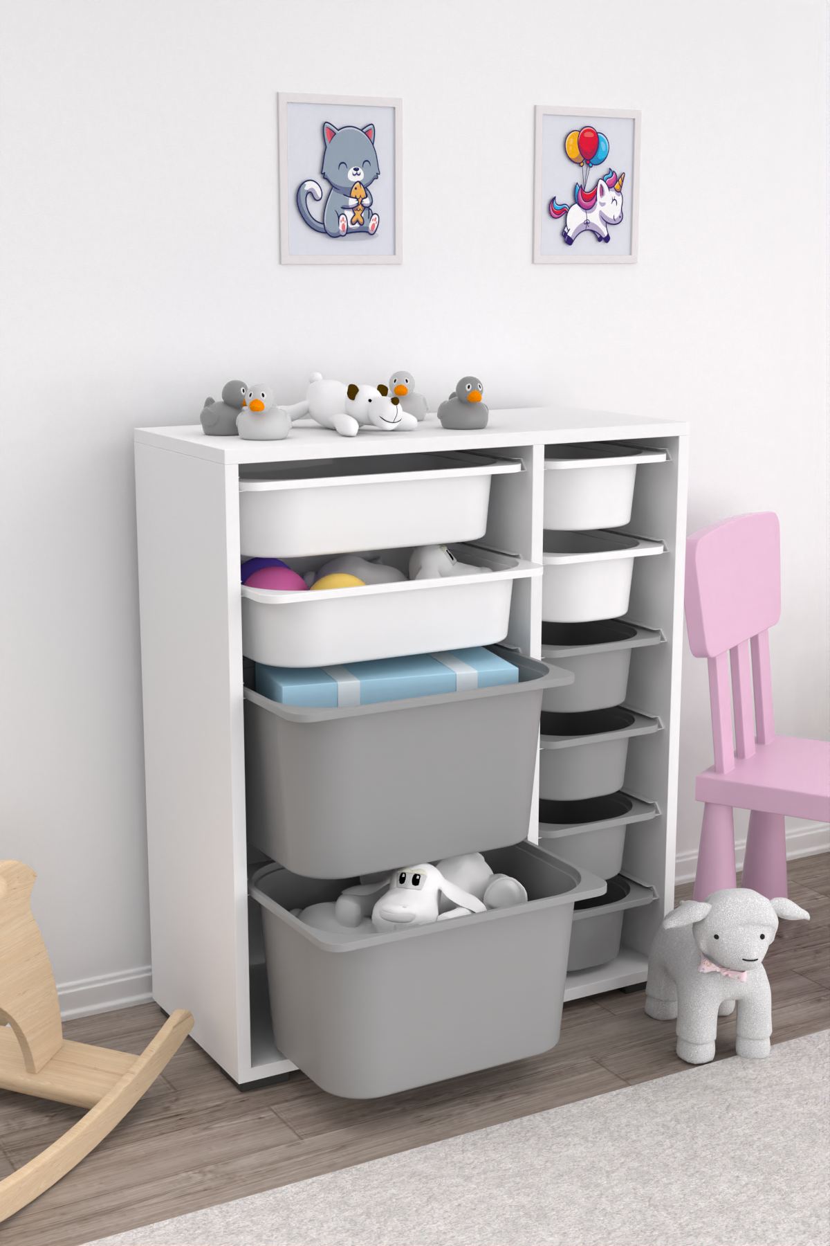 Armário multiuso – 69,5cm x 83cm x 30cm – Branco e Cinza – MDF