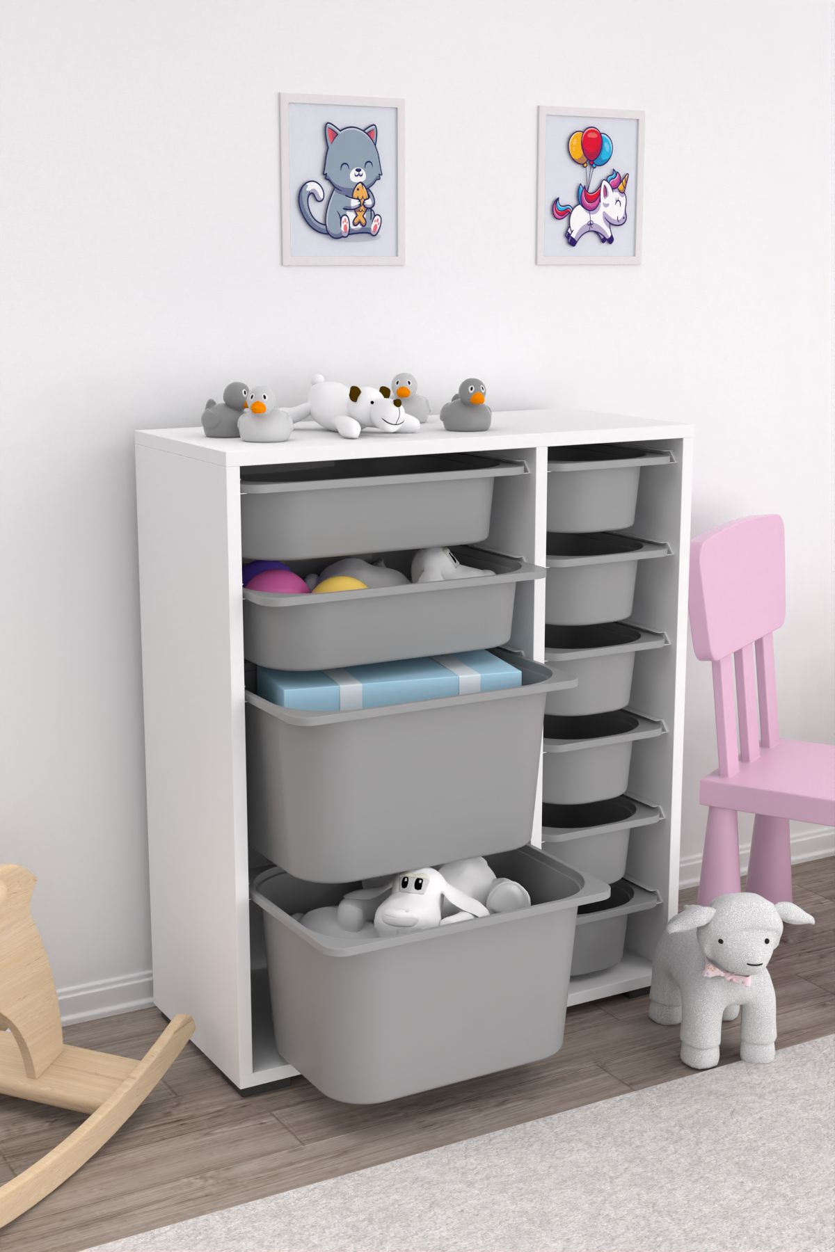 Armário multiuso – 69,5cm x 83cm x 30cm – Branco e Cinza – MDF