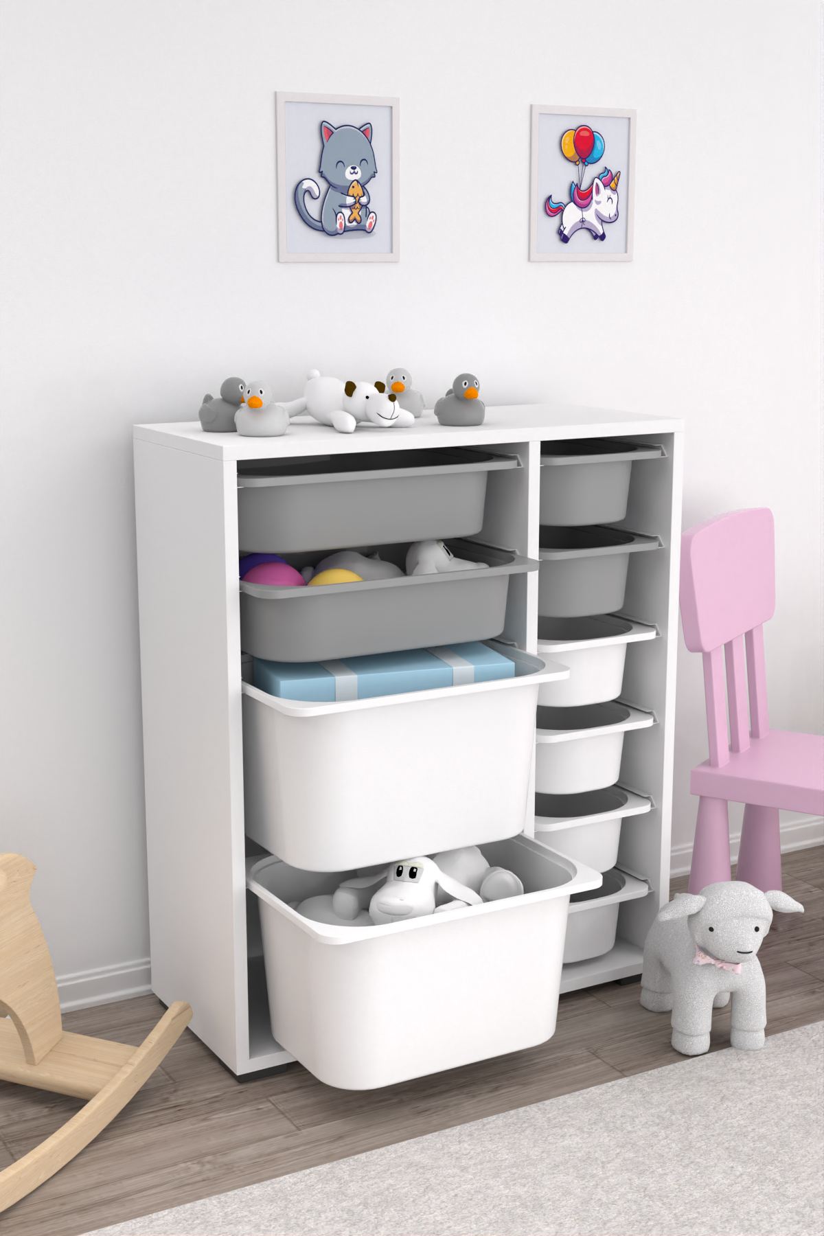 Armário multiuso  – 69,5cm x 83cm x 30cm – Branco e Cinza – MDF