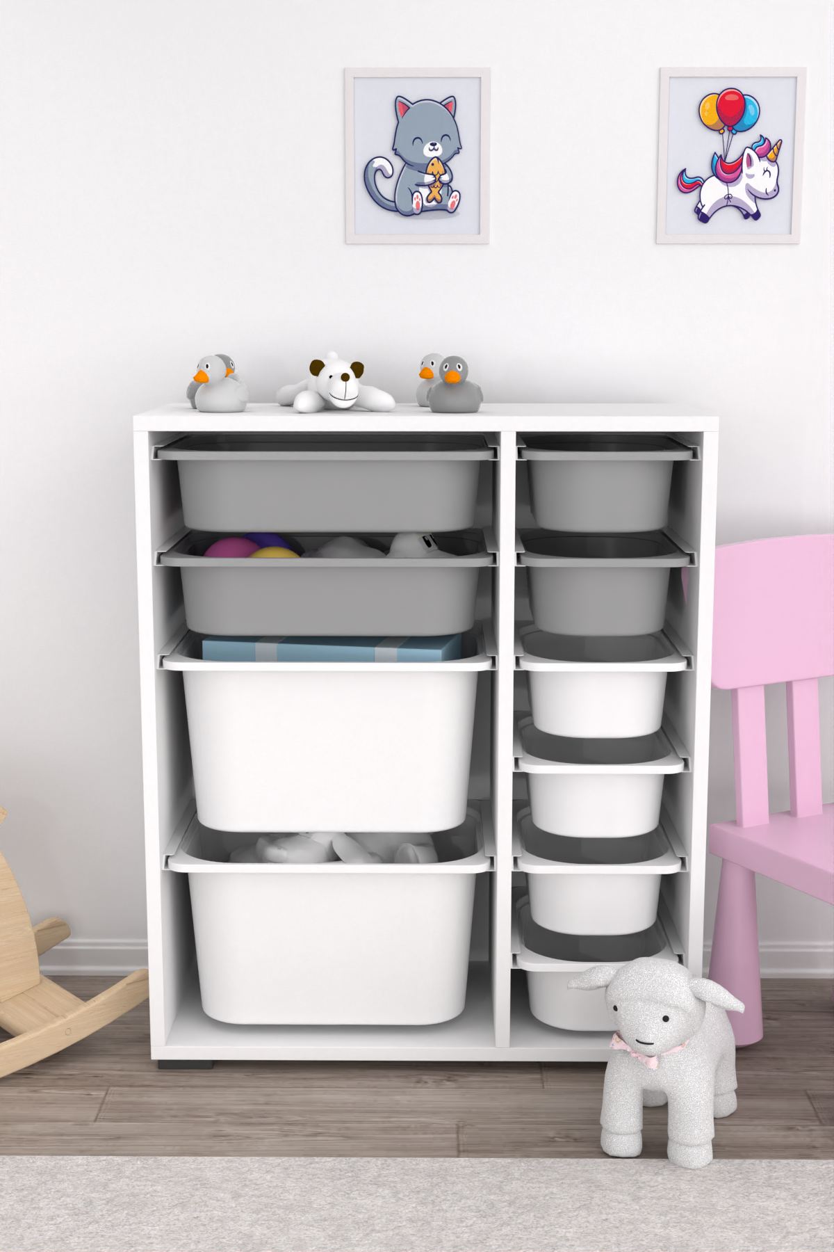 Armário multiuso  – 69,5cm x 83cm x 30cm – Branco e Cinza – MDF