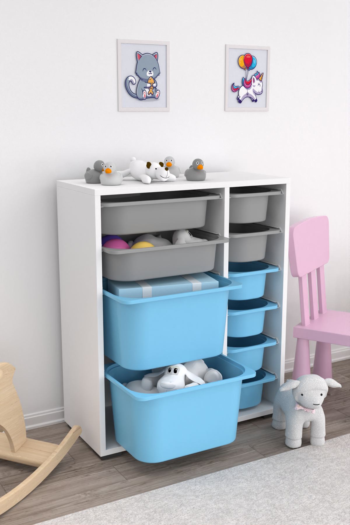 Armário Multiuso – 69,5cm x 83cm x 30cm – Branco, Cinza, Azul – MDF
