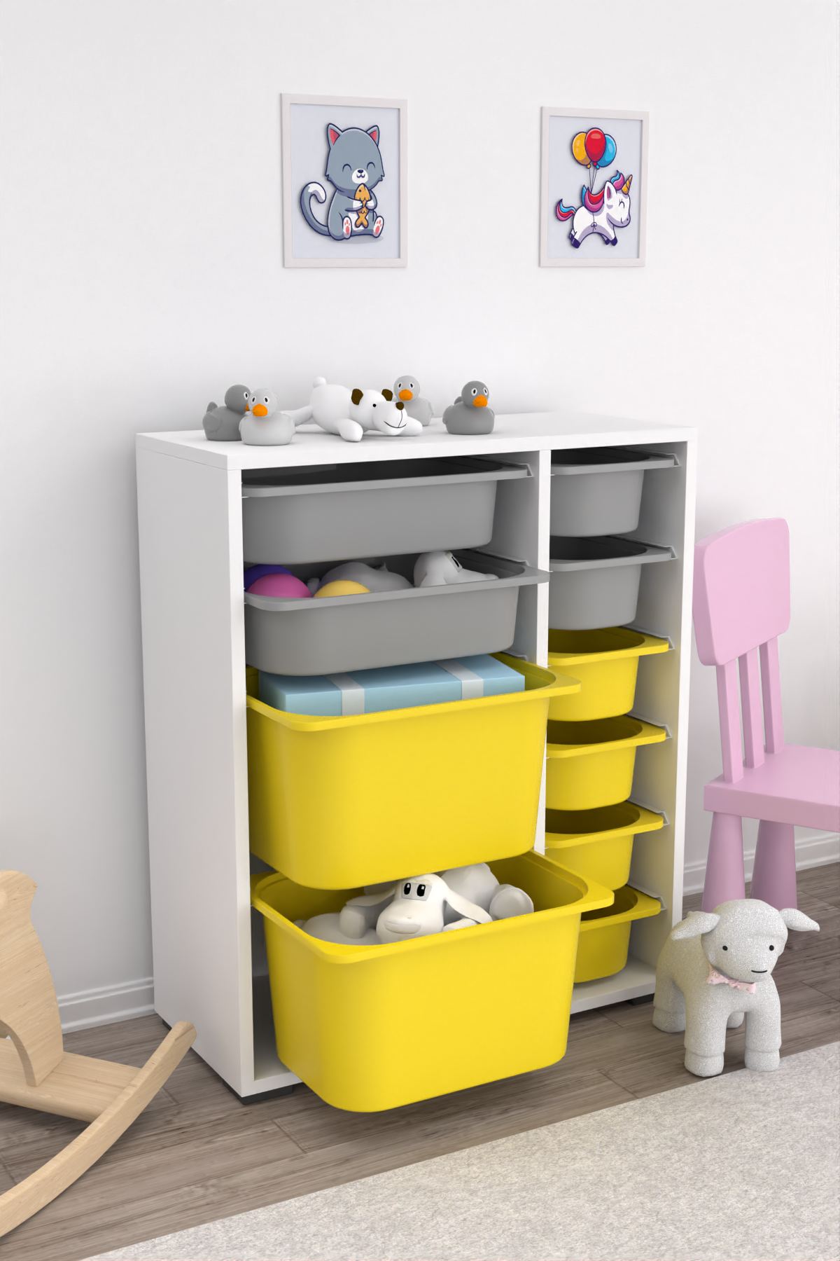 Armário Multiuso – 69,5cm x 83cm x 30cm – Branco, Cinza, Amarelo – MDF