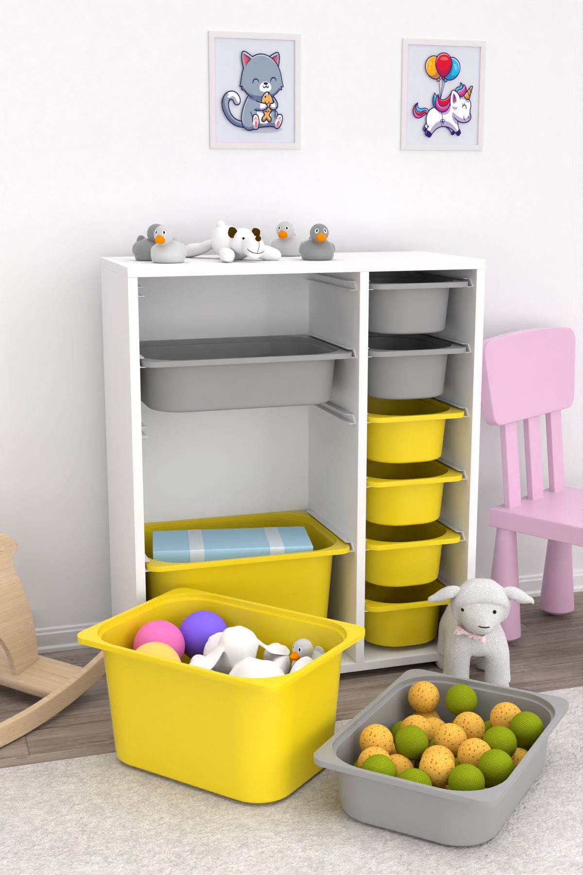 Armário Multiuso – 69,5cm x 83cm x 30cm – Branco, Cinza, Amarelo – MDF