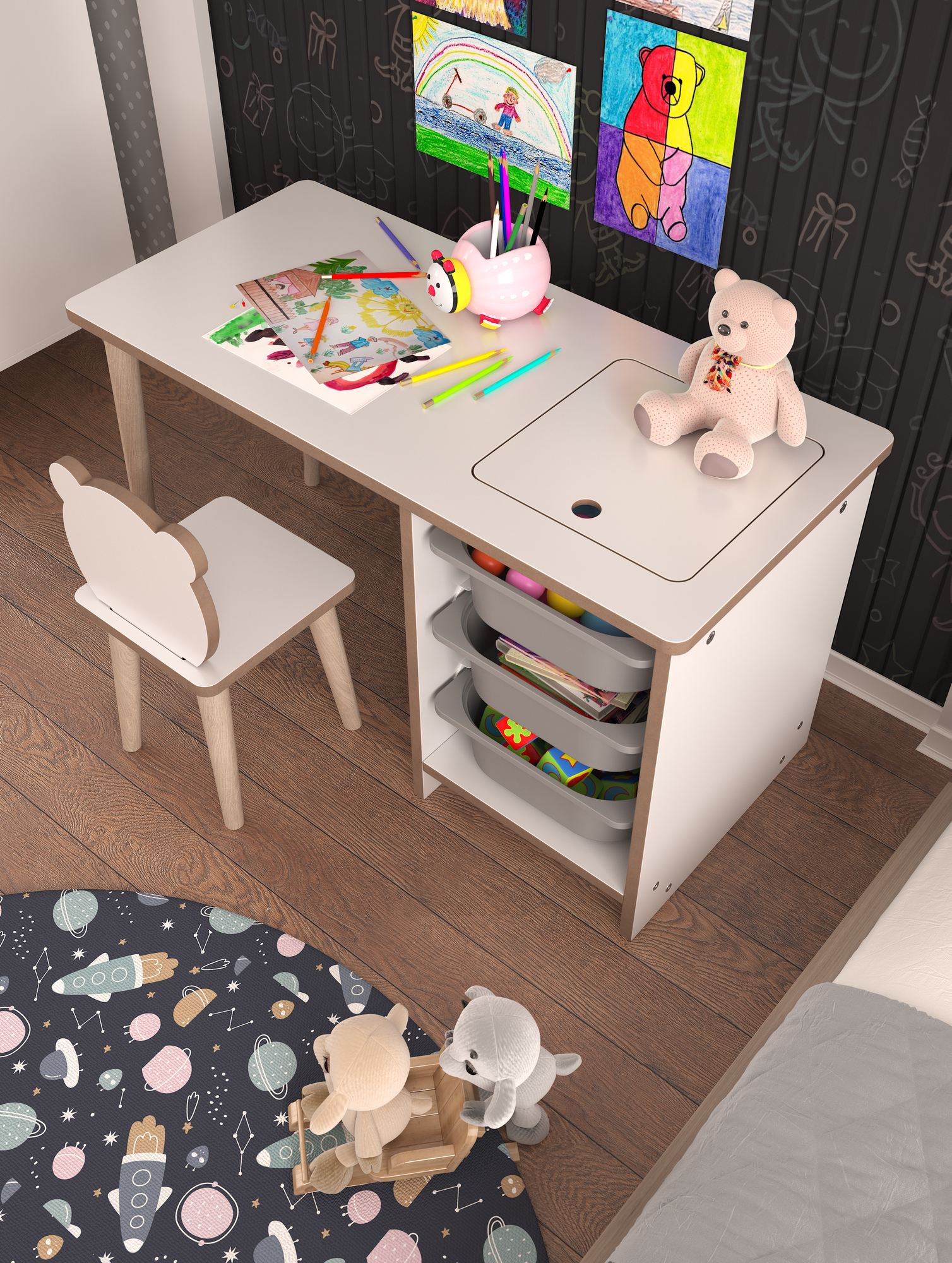 Secretária de Estudo – 90 cm x 50 cm x 42 cm – Branco e Cinza – Painel de partículas e Madeira