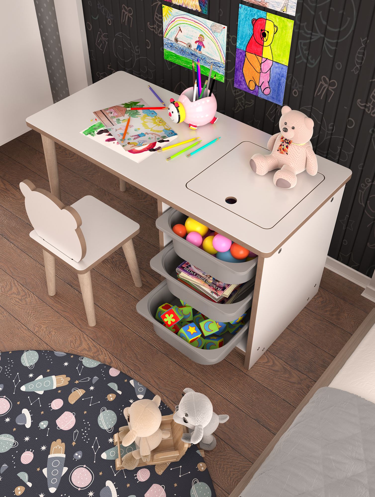 Secretária de Estudo – 90 cm x 50 cm x 42 cm – Branco e Cinza – Painel de partículas e Madeira