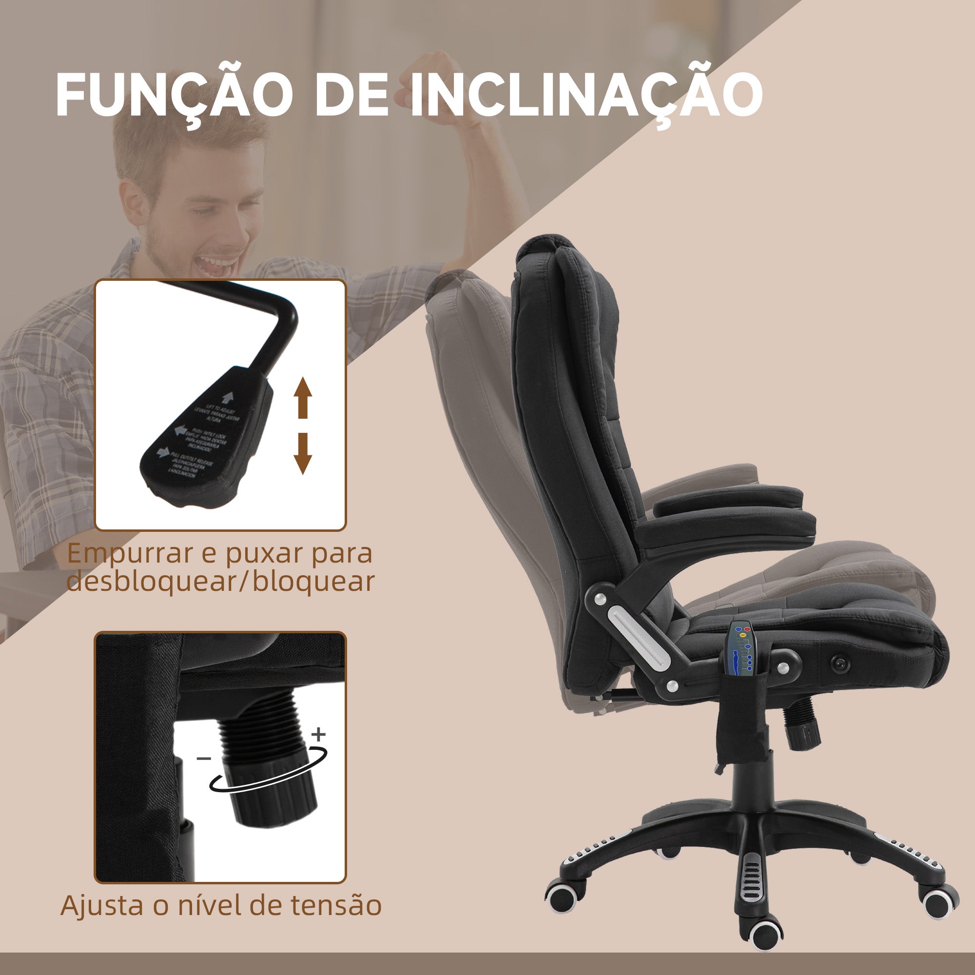 Cadeira de Massagem Ergonómica – 68x72x110-120 cm – Preto – Linho, espuma, PU e nylon