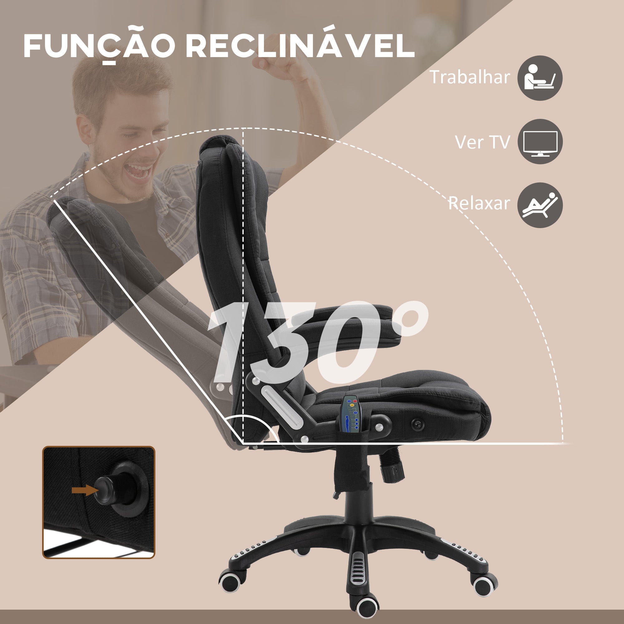 Cadeira de Massagem Ergonómica – 68x72x110-120 cm – Preto – Linho, espuma, PU e nylon