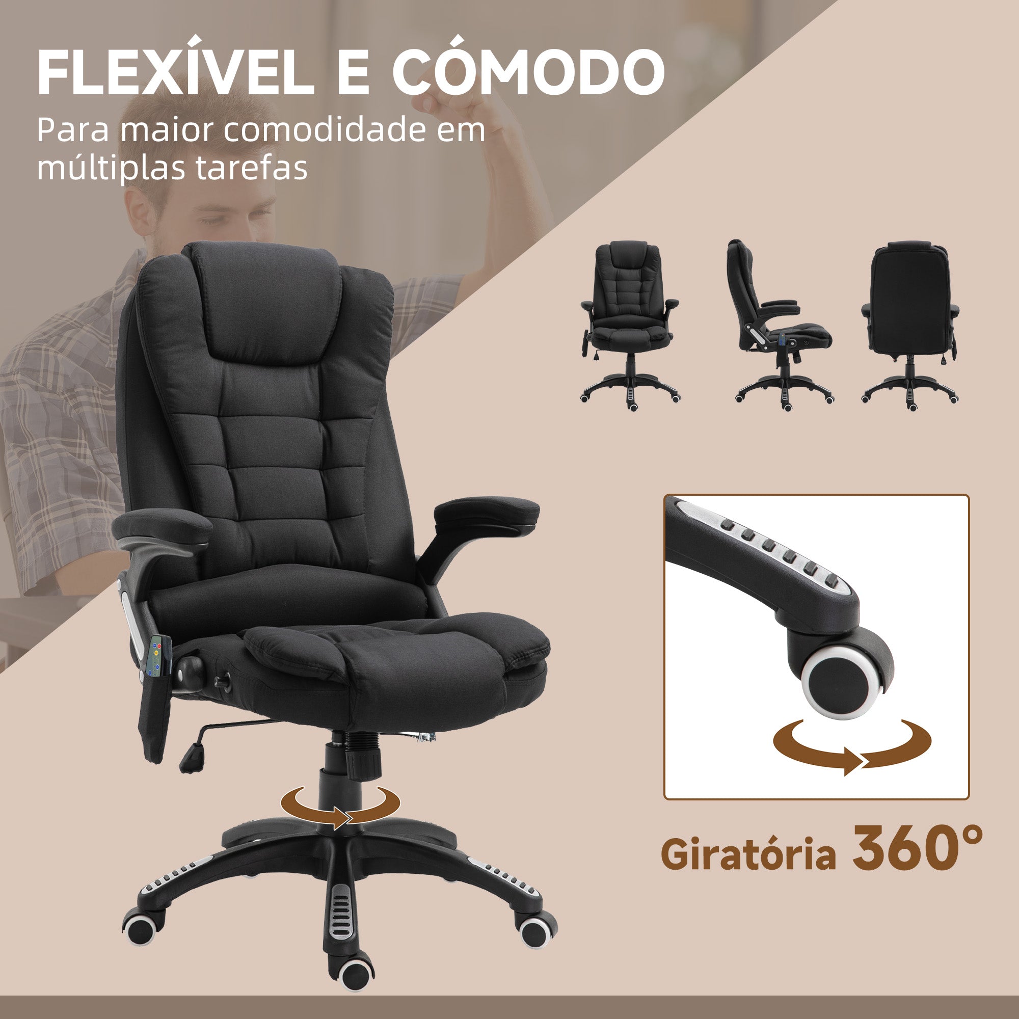 Cadeira de Massagem Ergonómica – 68x72x110-120 cm – Preto – Linho, espuma, PU e nylon