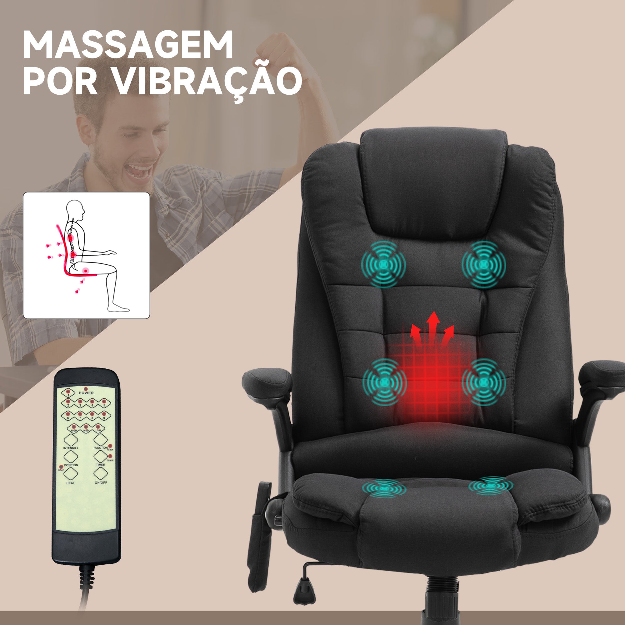 Cadeira de Massagem Ergonómica – 68x72x110-120 cm – Preto – Linho, espuma, PU e nylon