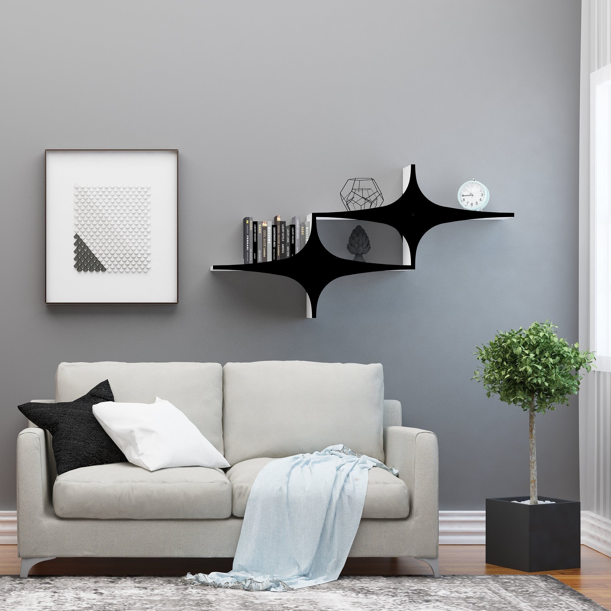 Prateleira de parede elegante, preta e branca, 135 x 69 x 20 cm | Painel de partículas 100% revestido em melamina, 18 mm de espessura | Solução de armazenamento versátil para espaços modernos