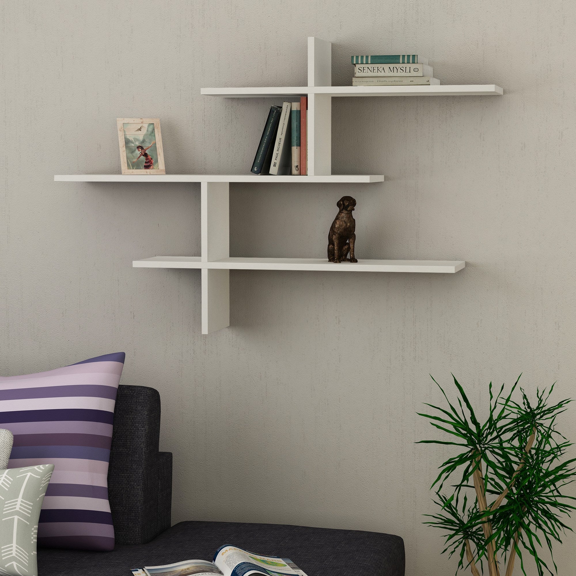 Prateleira de parede branca elegante, 123 cm x 80,5 cm x 22 cm | Painel de partículas 100% revestido de melamina, 18 mm de espessura | Perfeito para decoração e organização de casa moderna