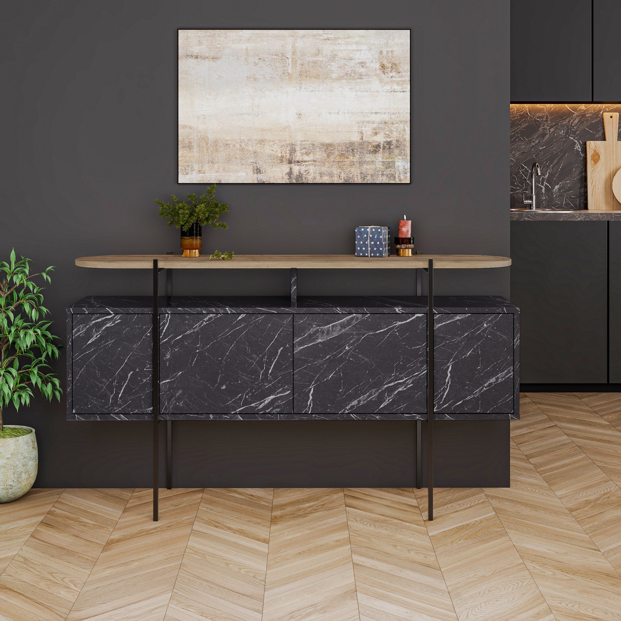 Mesa de Consola Hitit Bendir 150cm - Melamina Premium com Dobradiças Soft-Close