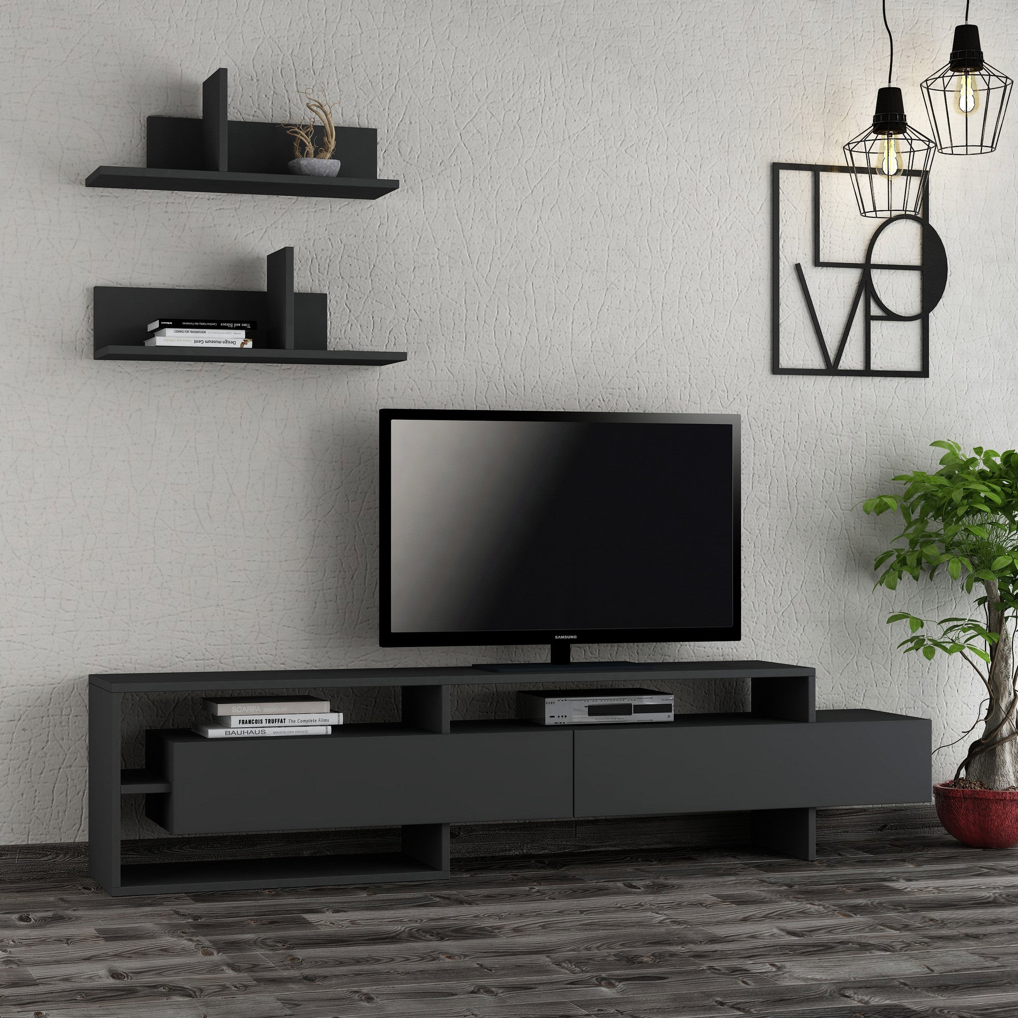 Móvel de TV moderno em antracite com prateleira de parede, 180 cm | Painel de partículas 100% revestido em melamina, 18 mm de espessura | Dobradiças com fecho suave, design elegante e funcional