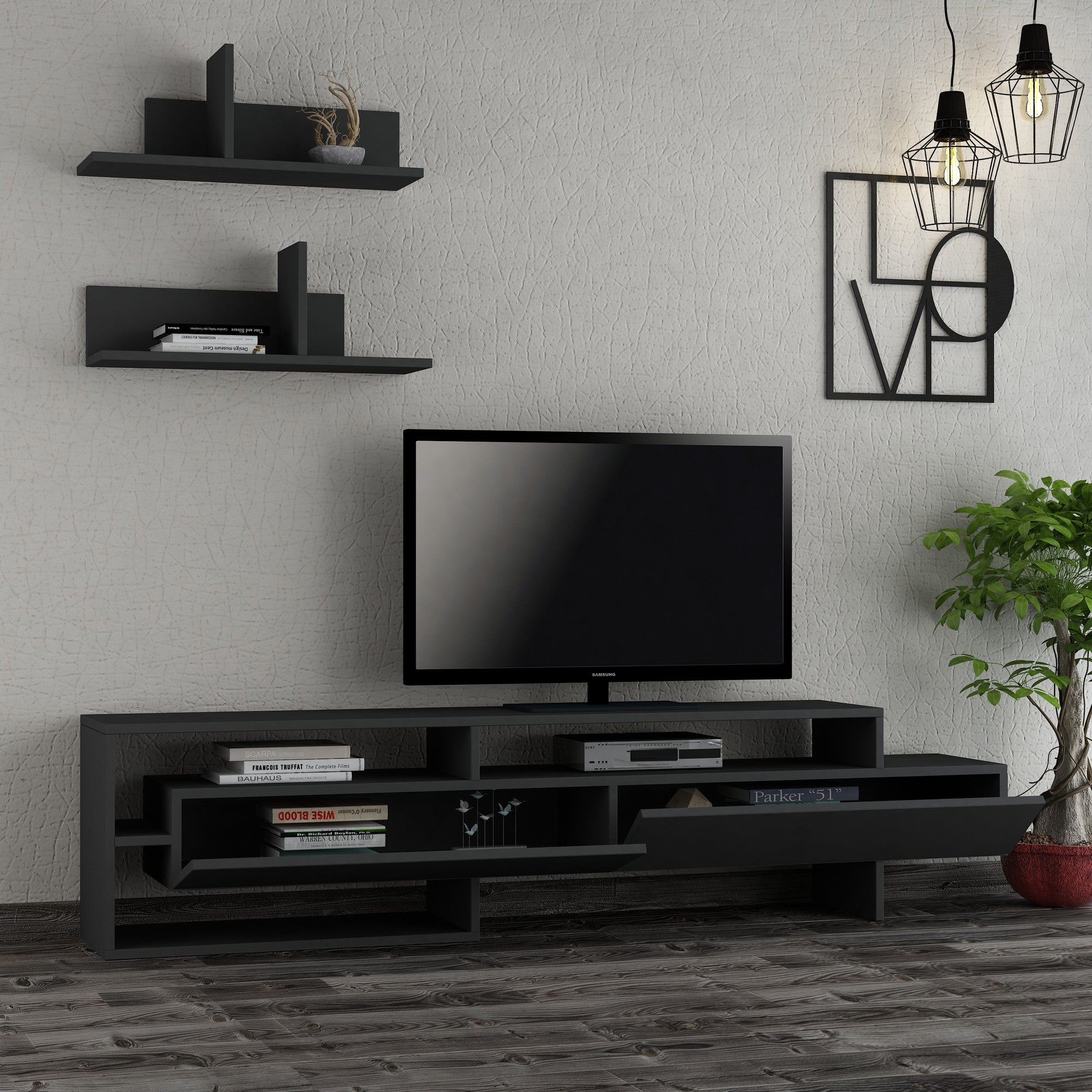 Móvel de TV moderno em antracite com prateleira de parede, 180 cm | Painel de partículas 100% revestido em melamina, 18 mm de espessura | Dobradiças com fecho suave, design elegante e funcional