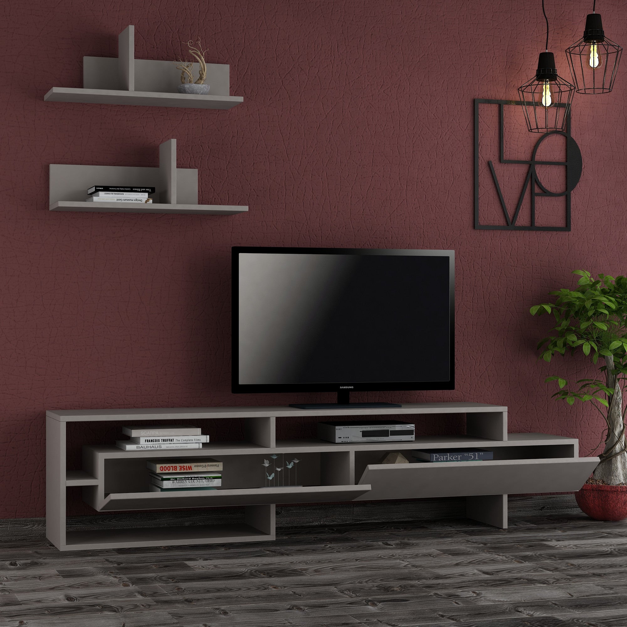 Móvel de TV moderno com prateleira de parede, cor mocha claro, 180 x 42 x 32 cm | Revestimento 100% melamina, dobradiças de fechamento suave, várias prateleiras | Design elegante e funcional