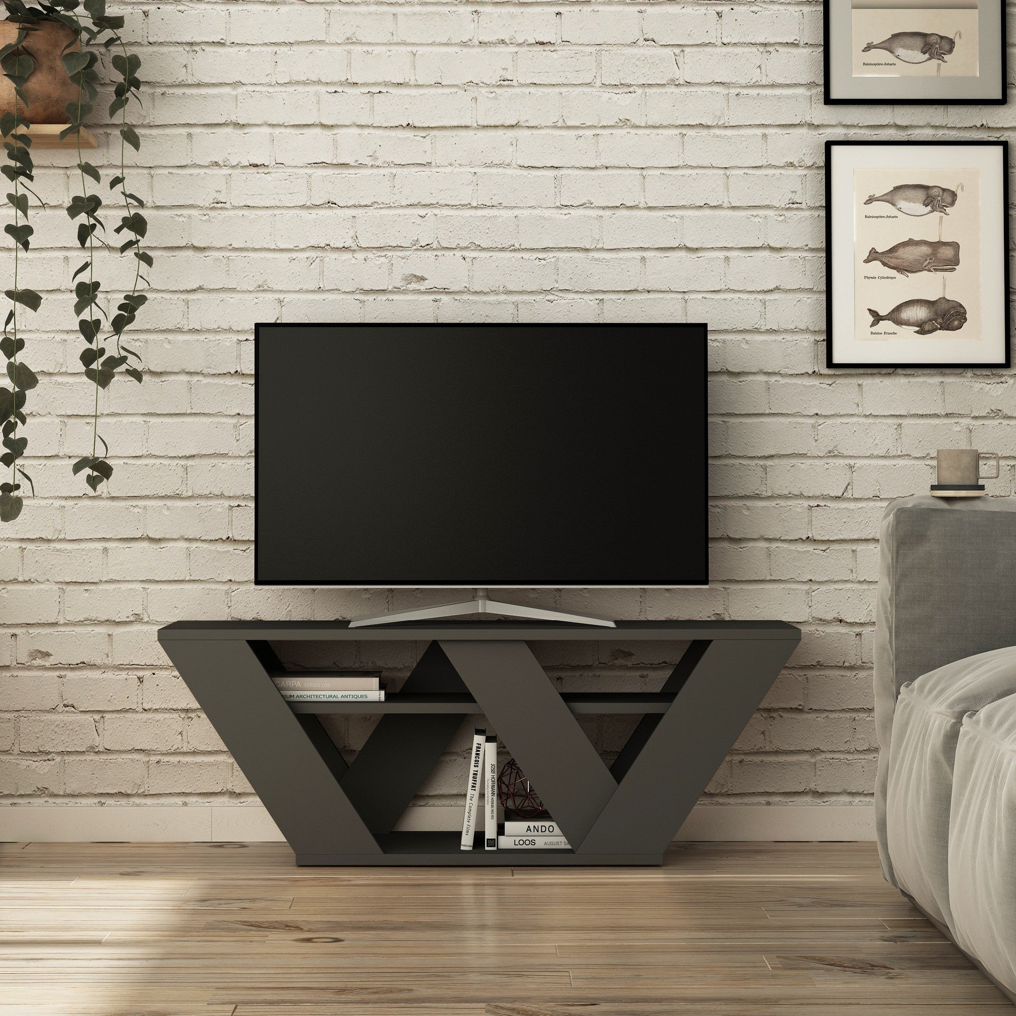 Suporte de TV moderno em antracite, 110 cm | Painel de partículas 100% revestido em melamina, 18 mm de espessura | Montável na parede, com várias prateleiras, design elegante e funcional