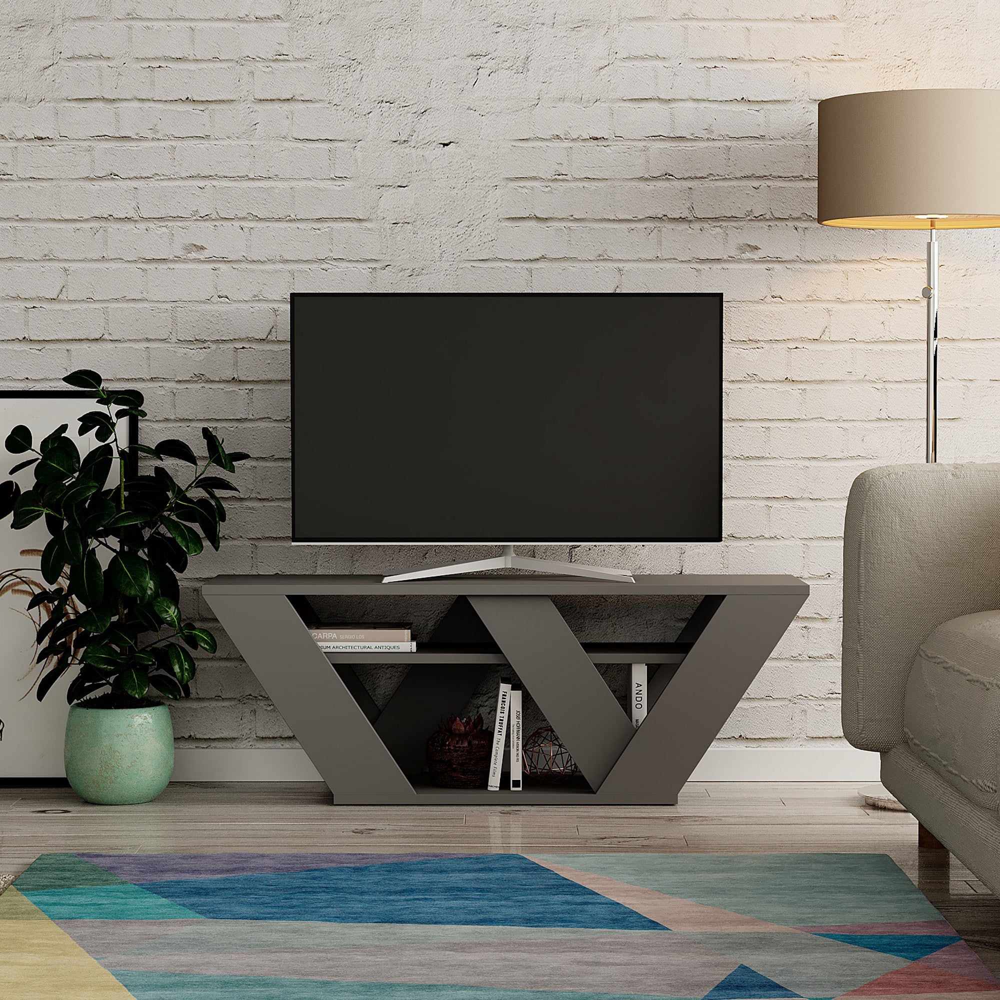 Suporte de TV moderno em antracite, 110 cm | Painel de partículas 100% revestido em melamina, 18 mm de espessura | Montável na parede, com várias prateleiras, design elegante e funcional