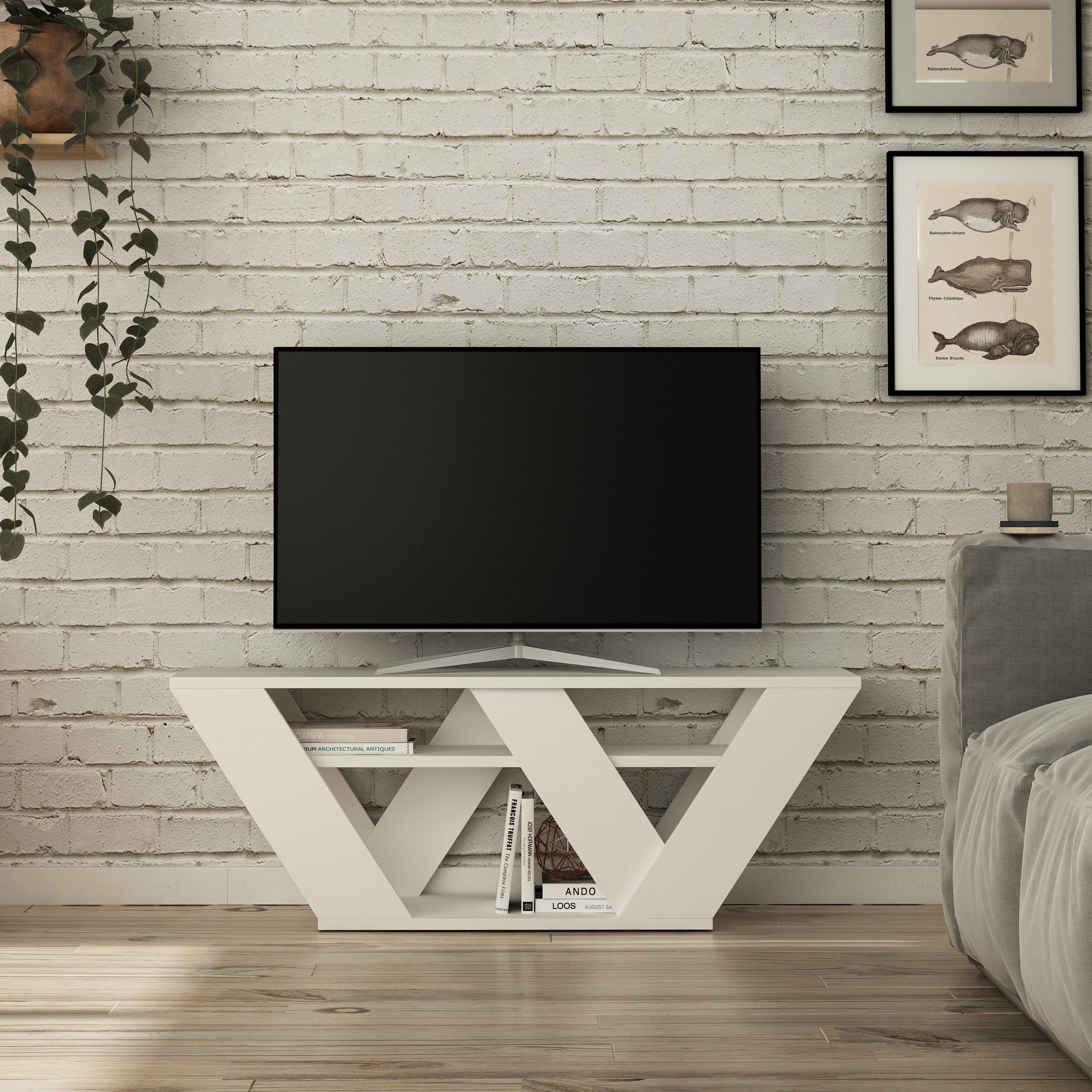 Suporte de TV moderno branco, 110 cm | Painel de partículas 100% revestido em melamina, 18 mm de espessura | Montável na parede, várias prateleiras, design elegante e funcional