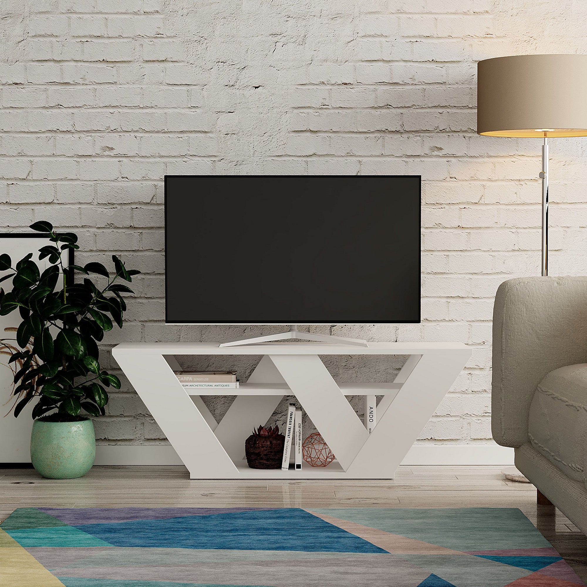 Suporte de TV moderno branco, 110 cm | Painel de partículas 100% revestido em melamina, 18 mm de espessura | Montável na parede, várias prateleiras, design elegante e funcional