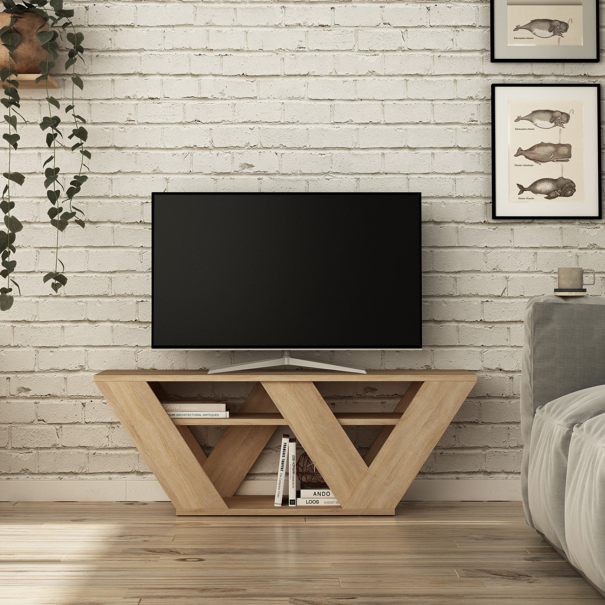 Suporte de TV moderno em carvalho, 110 cm | Painel de partículas 100% revestido em melamina, 18 mm de espessura | Montável na parede, com várias prateleiras, design elegante e funcional