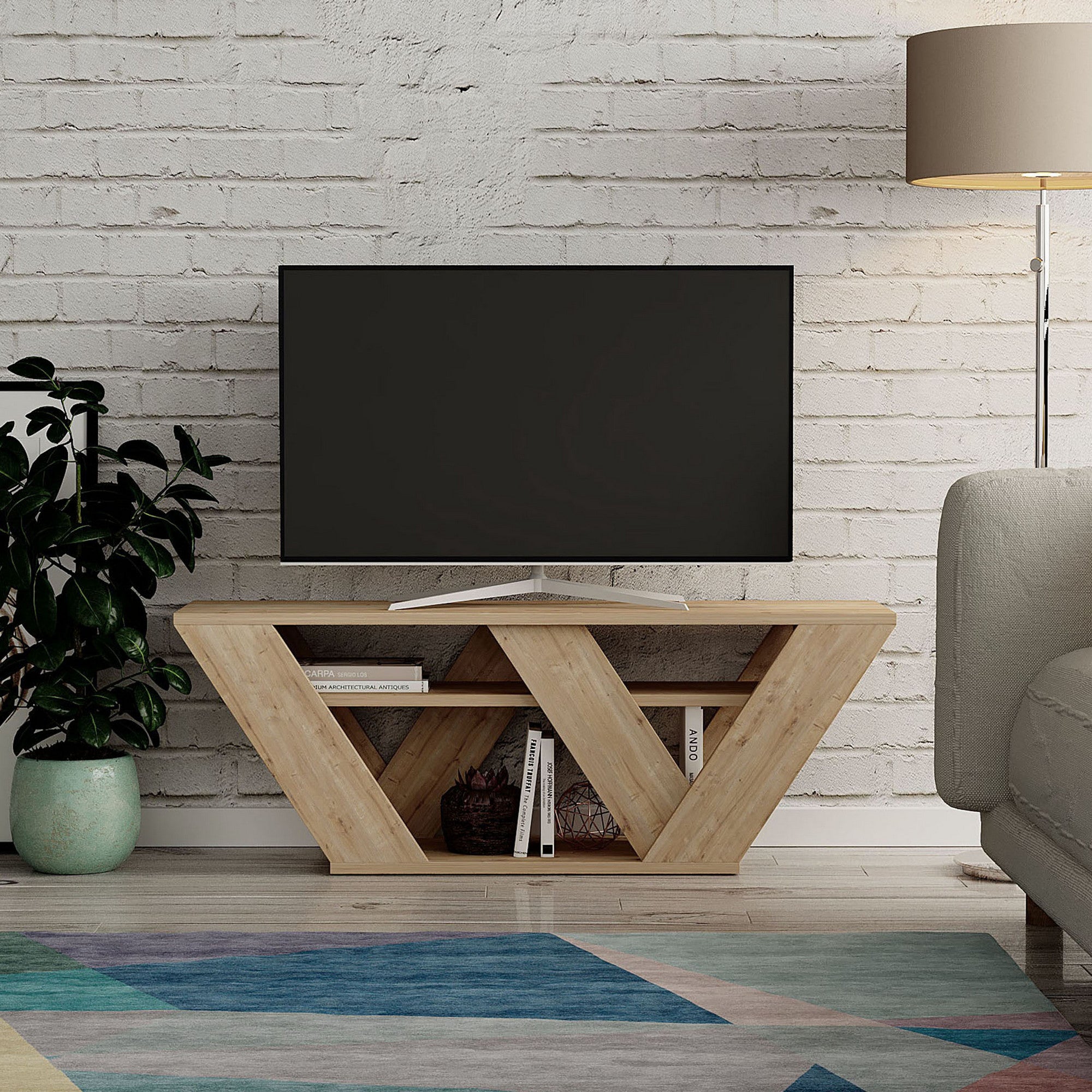Suporte de TV moderno em carvalho, 110 cm | Painel de partículas 100% revestido em melamina, 18 mm de espessura | Montável na parede, com várias prateleiras, design elegante e funcional