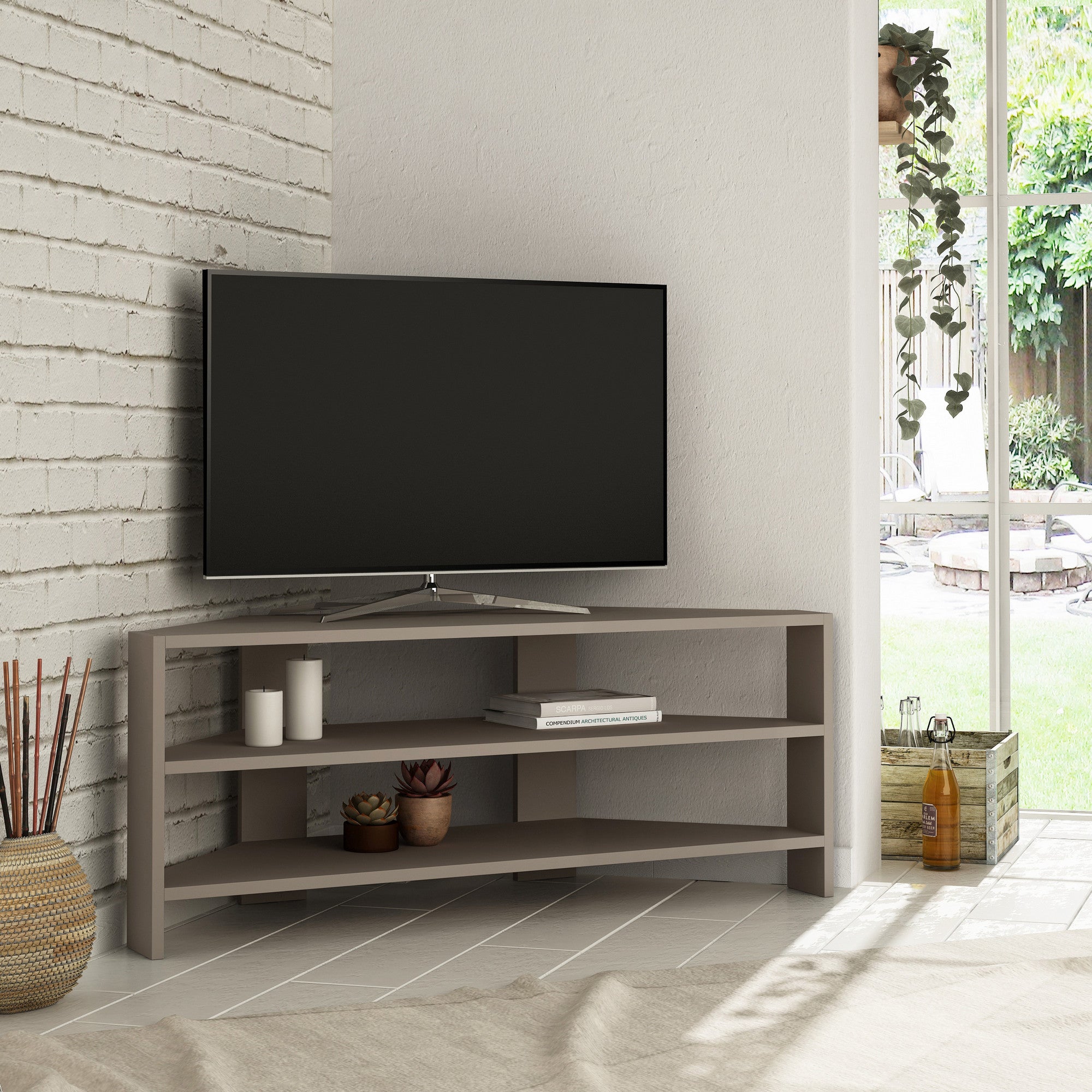 Suporte de TV moderno, cor mocha claro, 114 x 45 x 36 cm | Painel de partículas 100% revestido em melamina, 18 mm de espessura | Montável na parede, com várias prateleiras, elegante e funcional