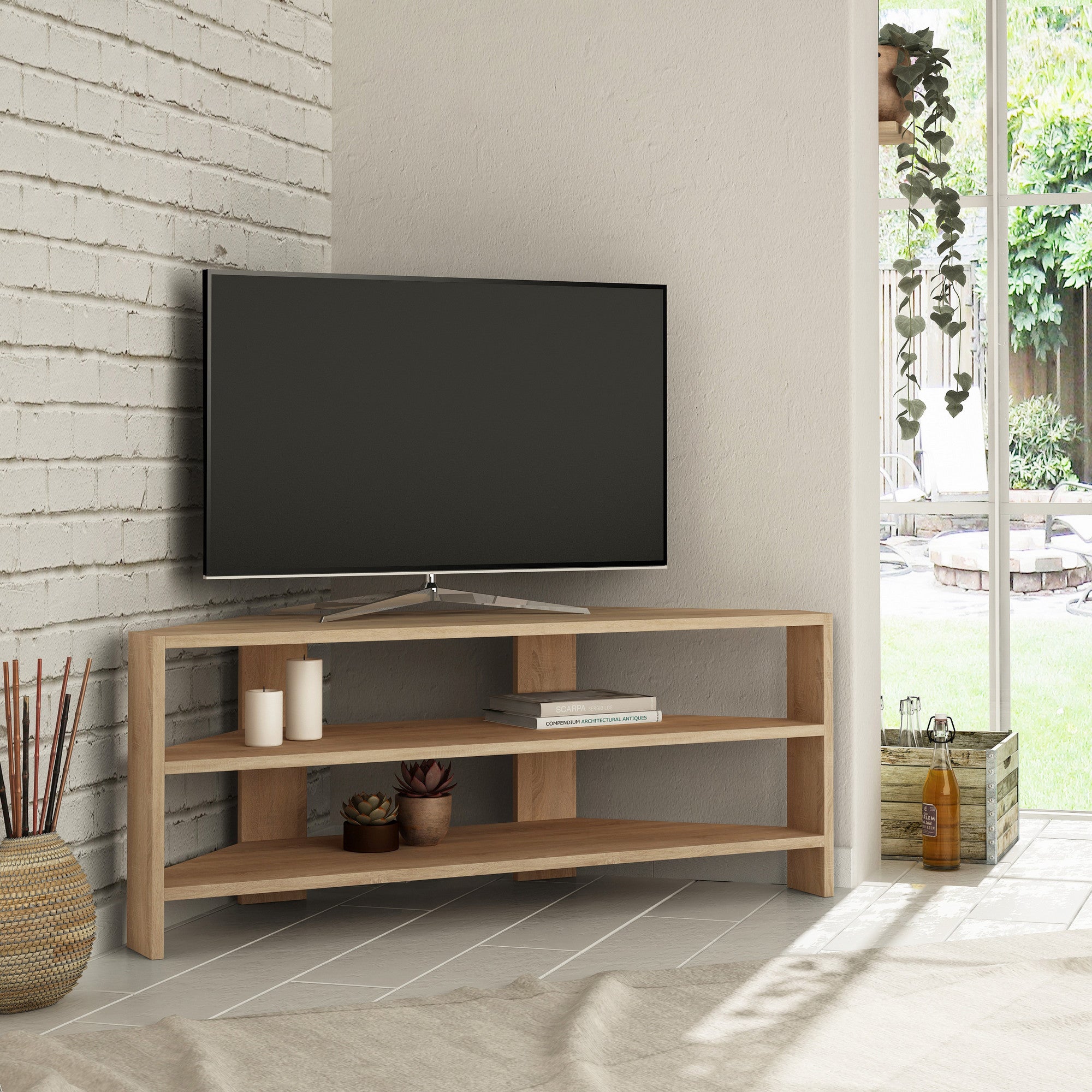 Suporte de TV moderno em carvalho, 114 cm | Painel de partículas 100% revestido em melamina, 18 mm de espessura | Montável na parede, com várias prateleiras, design elegante e funcional