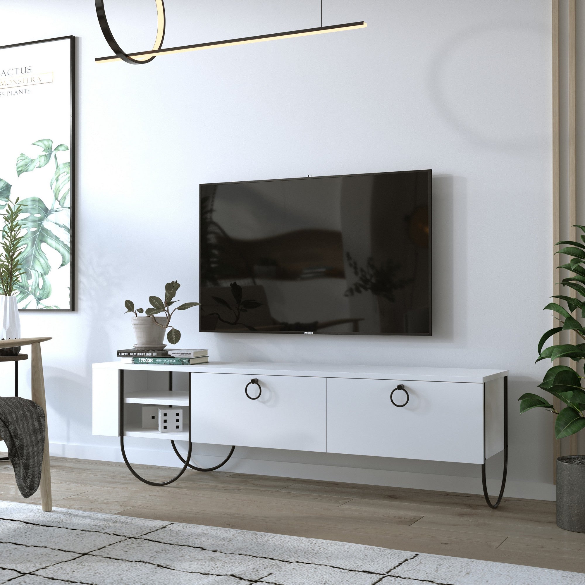 Suporte de TV moderno branco com pés de metal, 150 cm | Painel de partículas 100% revestido de melamina, 18 mm de espessura | Montável na parede, dobradiças de fechamento suave, várias prateleiras