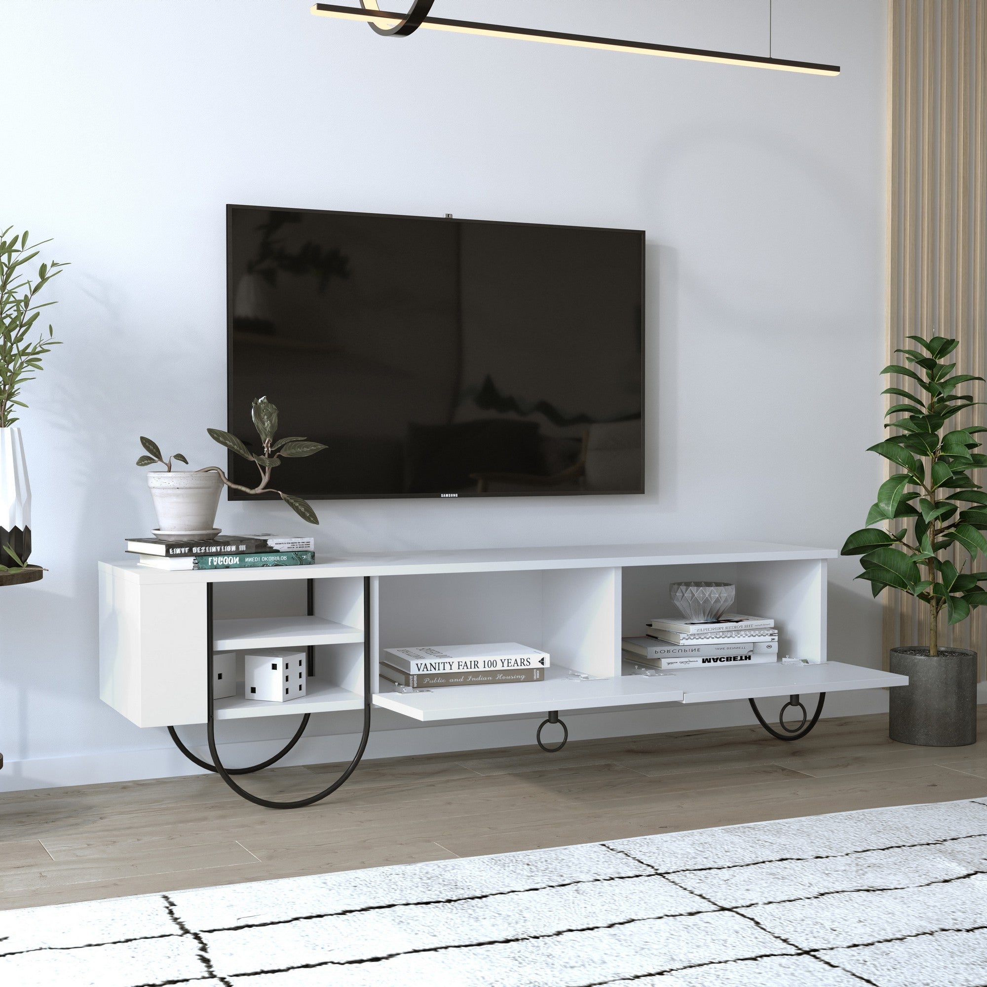 Suporte de TV moderno branco com pés de metal, 150 cm | Painel de partículas 100% revestido de melamina, 18 mm de espessura | Montável na parede, dobradiças de fechamento suave, várias prateleiras
