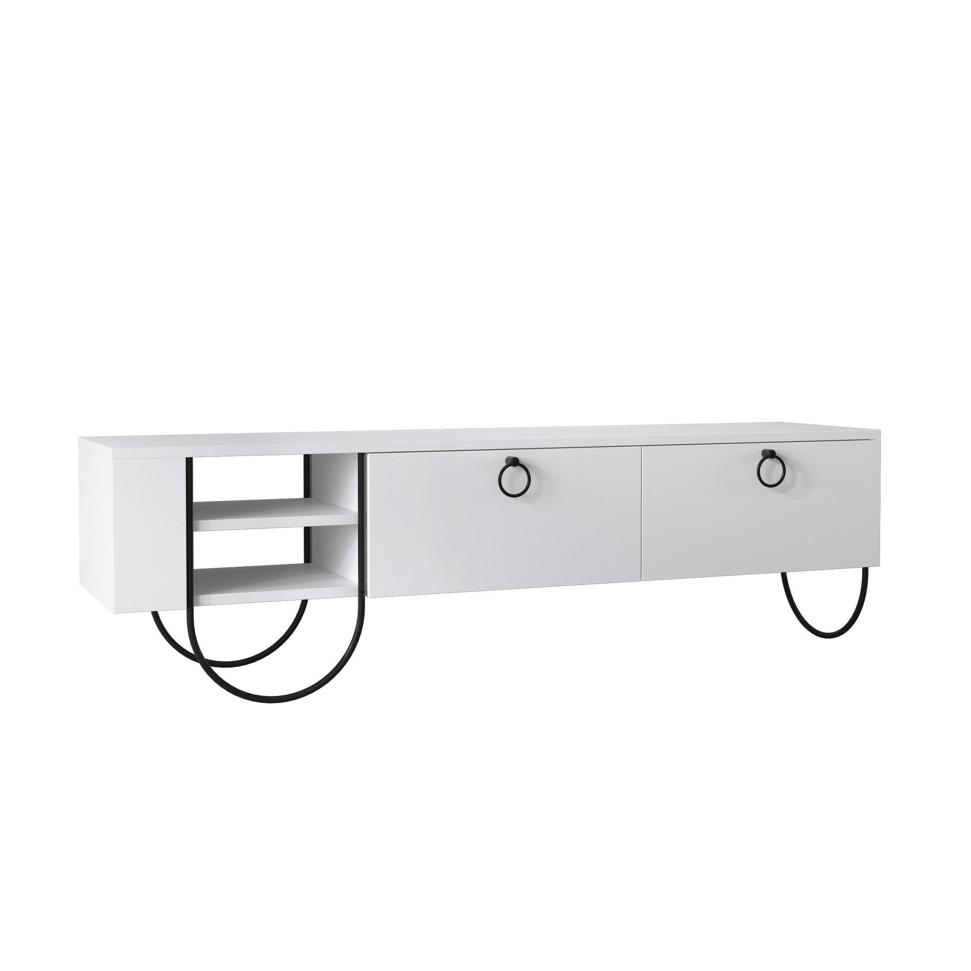Suporte de TV moderno branco com pés de metal, 150 cm | Painel de partículas 100% revestido de melamina, 18 mm de espessura | Montável na parede, dobradiças de fechamento suave, várias prateleiras