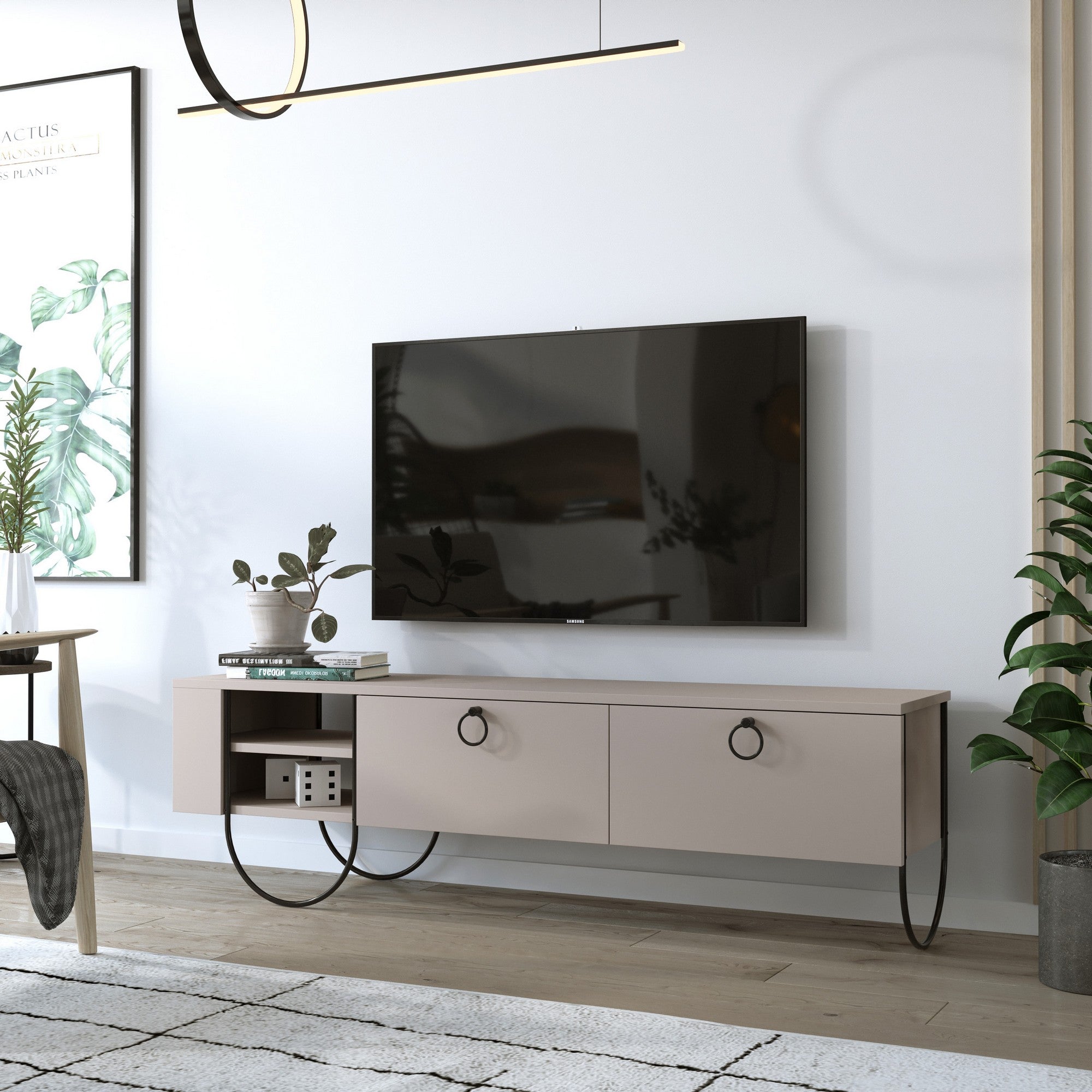 Suporte de TV moderno com pés de metal, cor mocha claro, 150 cm | Painel de partículas 100% revestido de melamina, 18 mm de espessura | Montável na parede, dobradiças de fechamento suave, elegante e funcional