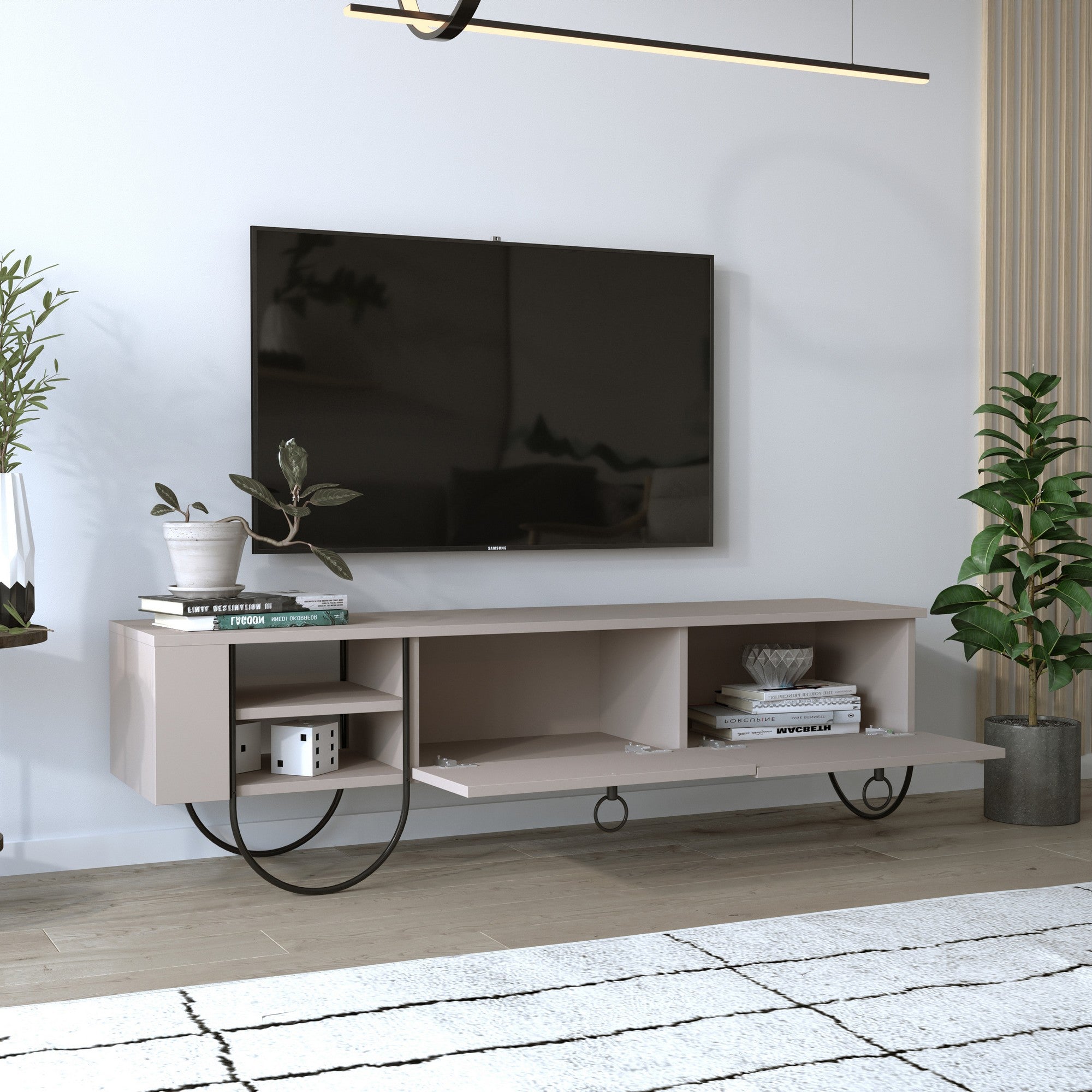 Suporte de TV moderno com pés de metal, cor mocha claro, 150 cm | Painel de partículas 100% revestido de melamina, 18 mm de espessura | Montável na parede, dobradiças de fechamento suave, elegante e funcional