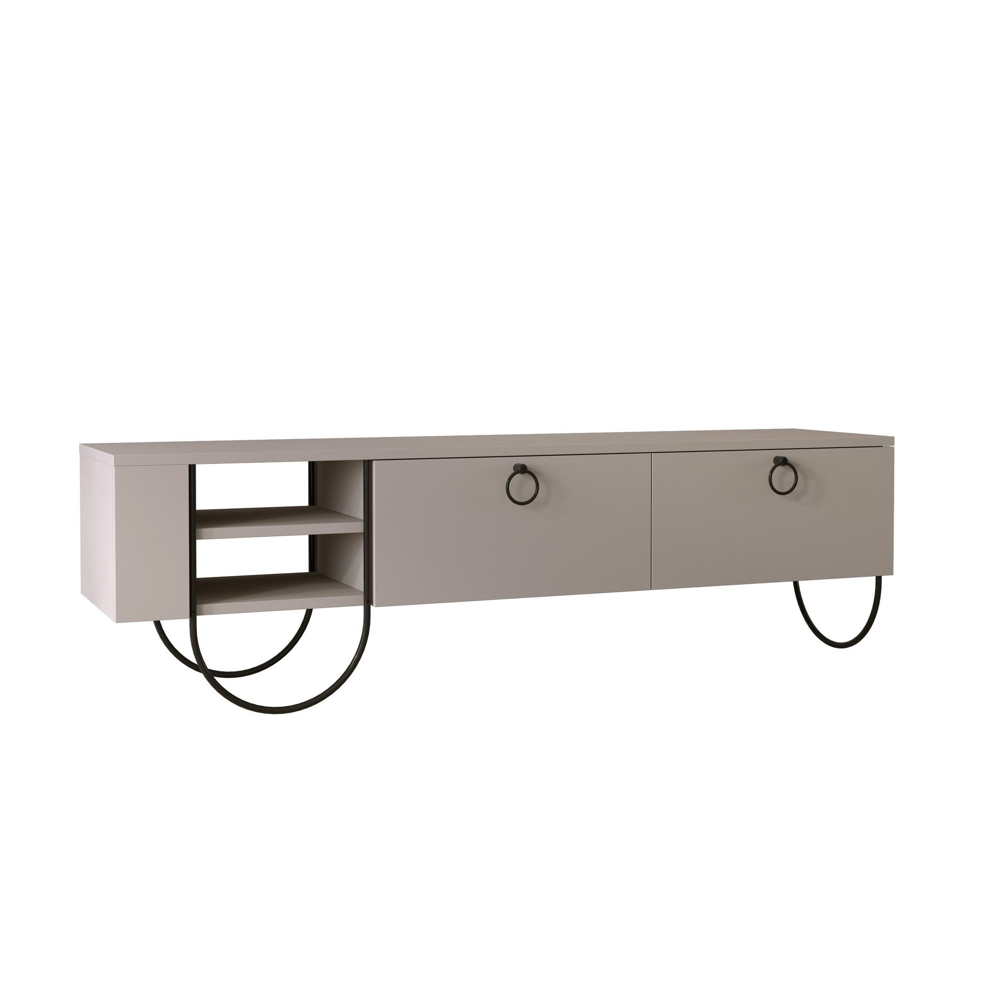 Suporte de TV moderno com pés de metal, cor mocha claro, 150 cm | Painel de partículas 100% revestido de melamina, 18 mm de espessura | Montável na parede, dobradiças de fechamento suave, elegante e funcional