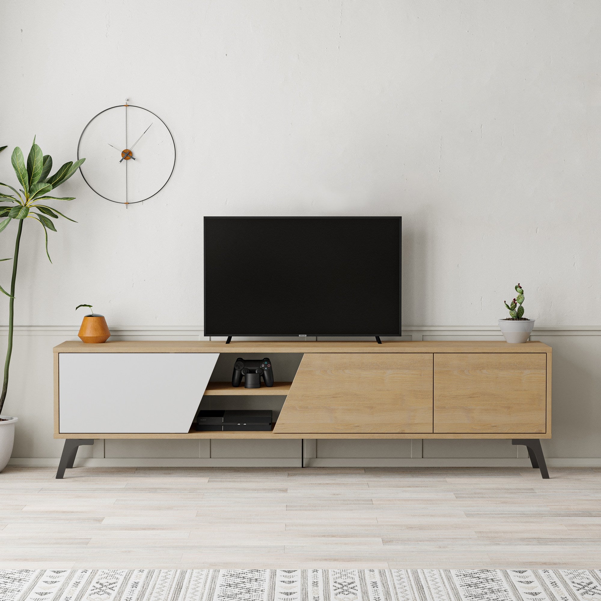 Suporte de TV elegante, carvalho e branco, 180 x 48 x 35,6 cm | Painel de partículas 100% revestido de melamina, 18 mm de espessura | Dobradiças de fechamento suave, design moderno para sala de estar