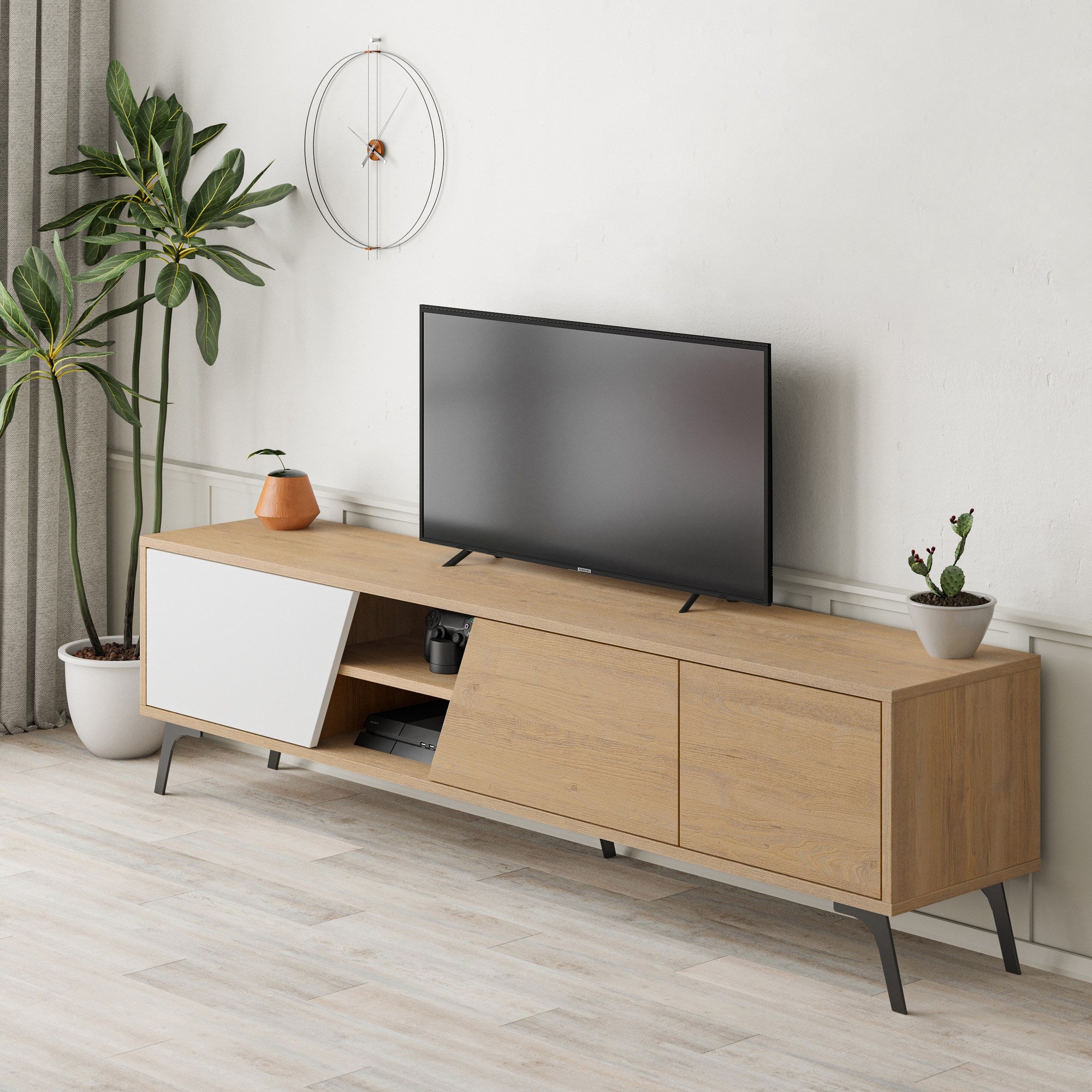 Suporte de TV elegante, carvalho e branco, 180 x 48 x 35,6 cm | Painel de partículas 100% revestido de melamina, 18 mm de espessura | Dobradiças de fechamento suave, design moderno para sala de estar