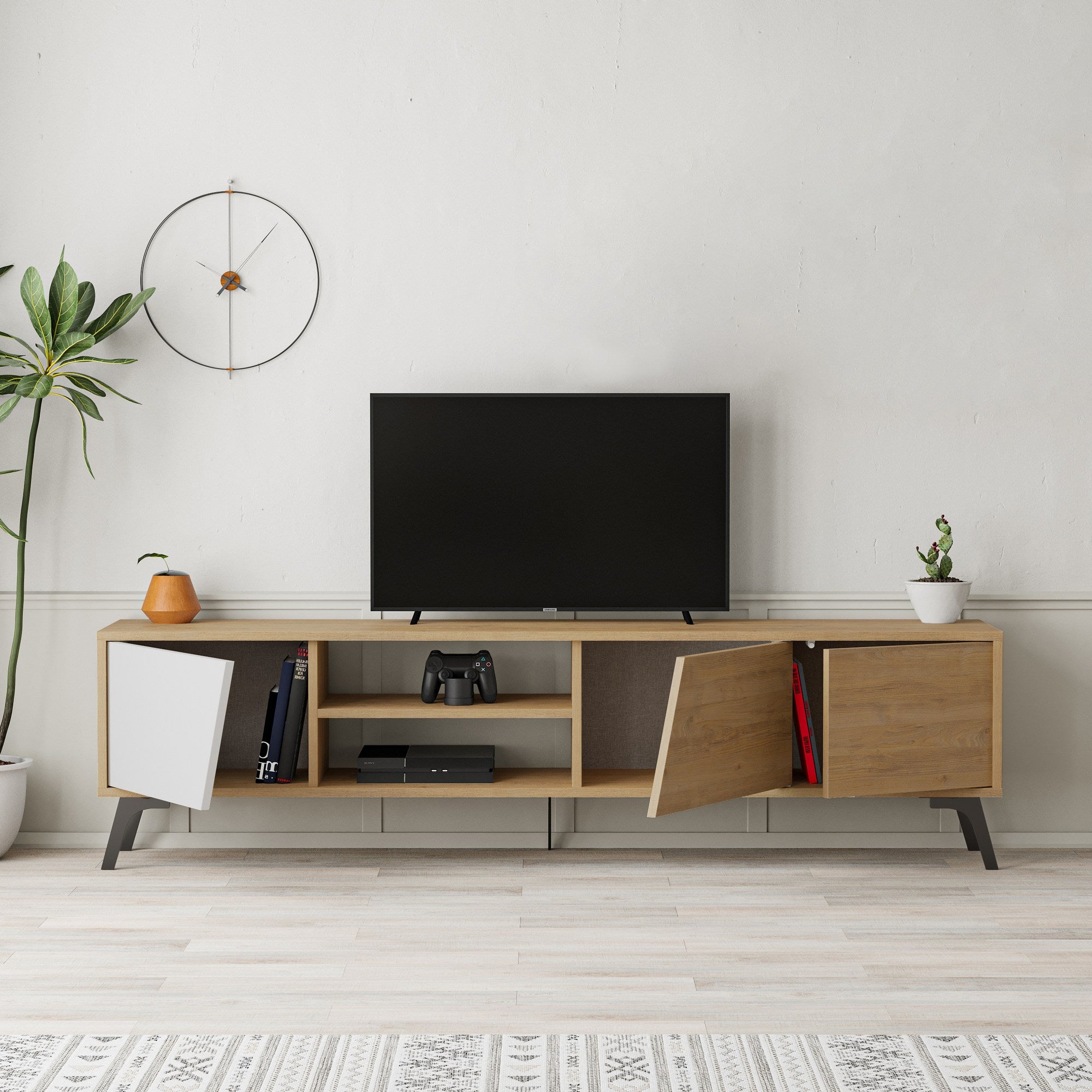 Suporte de TV elegante, carvalho e branco, 180 x 48 x 35,6 cm | Painel de partículas 100% revestido de melamina, 18 mm de espessura | Dobradiças de fechamento suave, design moderno para sala de estar