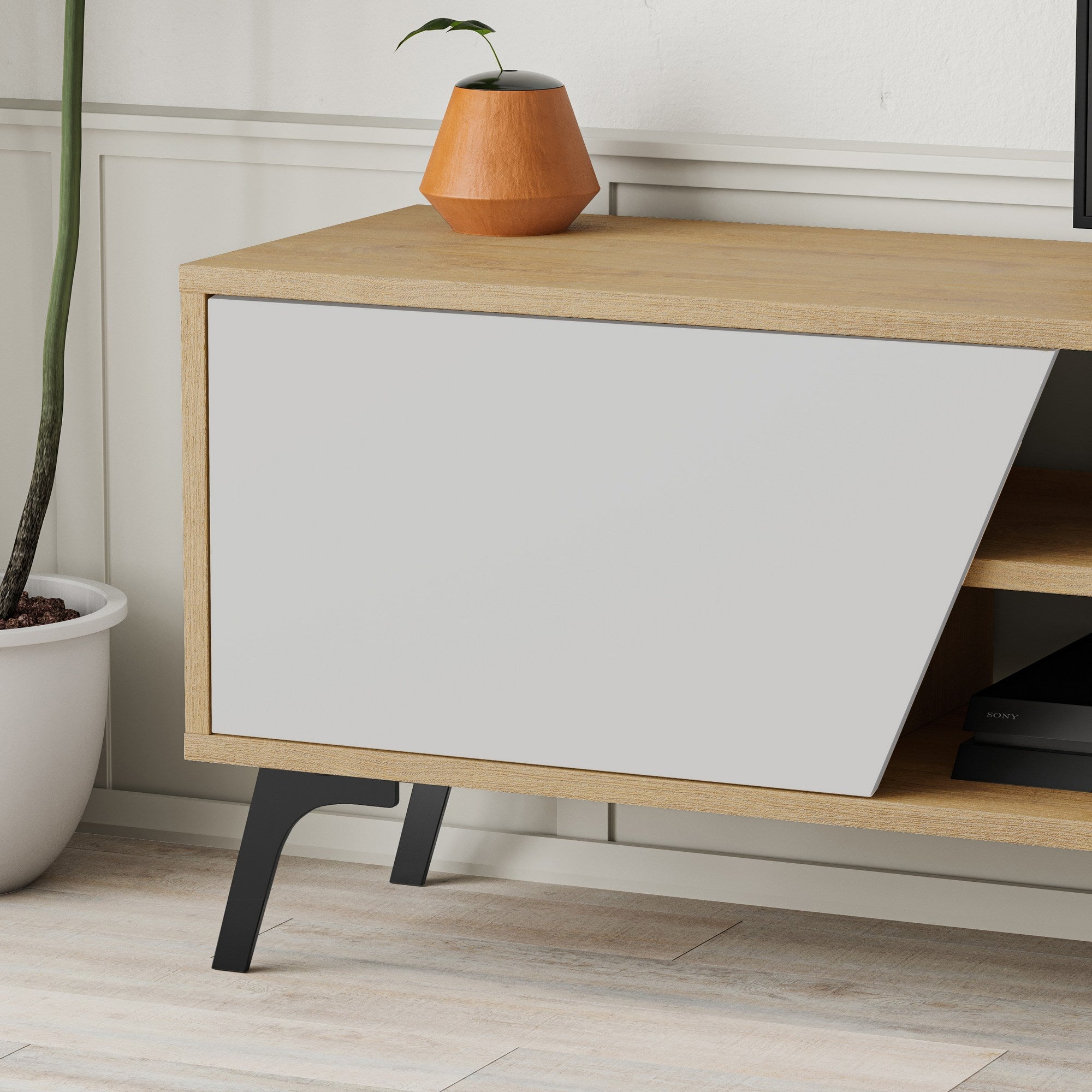 Suporte de TV elegante, carvalho e branco, 180 x 48 x 35,6 cm | Painel de partículas 100% revestido de melamina, 18 mm de espessura | Dobradiças de fechamento suave, design moderno para sala de estar