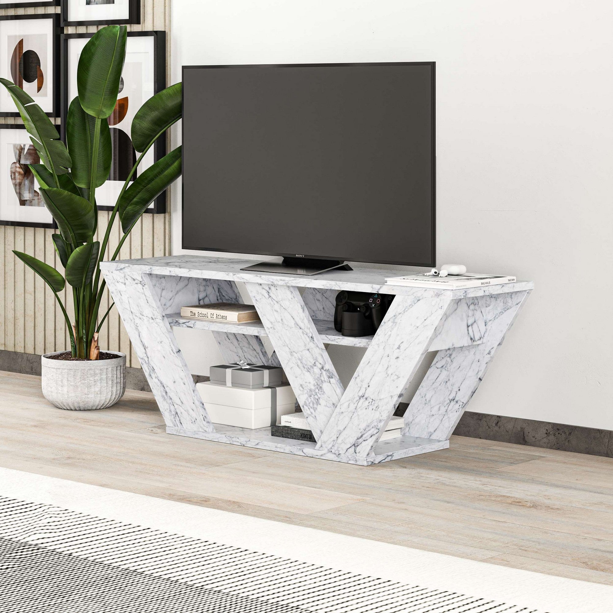 Móvel de TV – 110 cm x 40 cm x 30 cm – Mármore de Carrara – Melamina