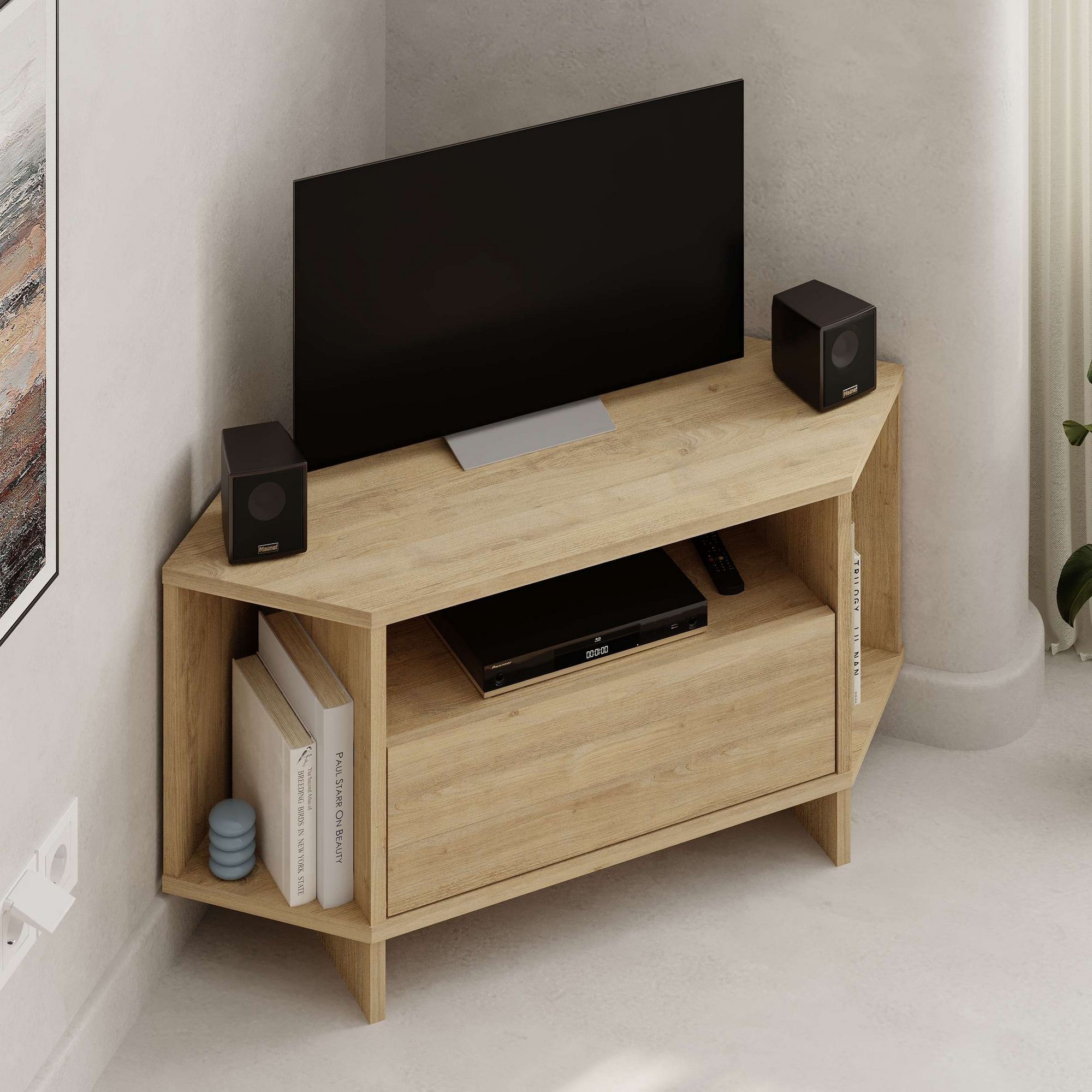 Mesa de TV Sapphire Oak - Suporte Elegante 95cm com Capacidade 10kg e Pernas Elevadas