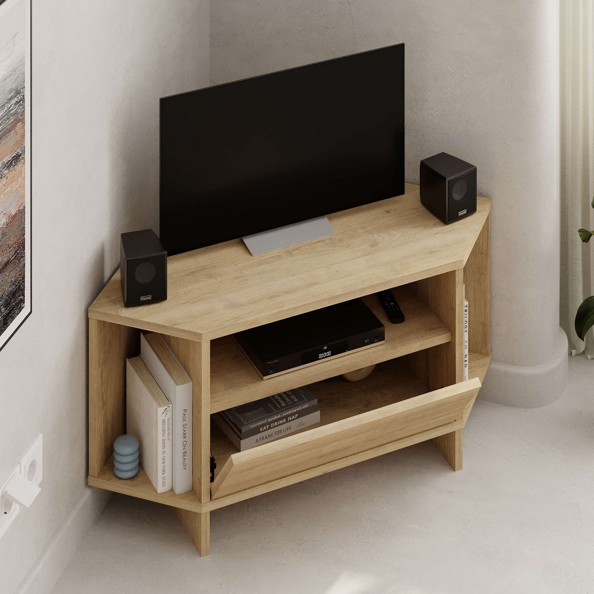 Mesa de TV Sapphire Oak - Suporte Elegante 95cm com Capacidade 10kg e Pernas Elevadas