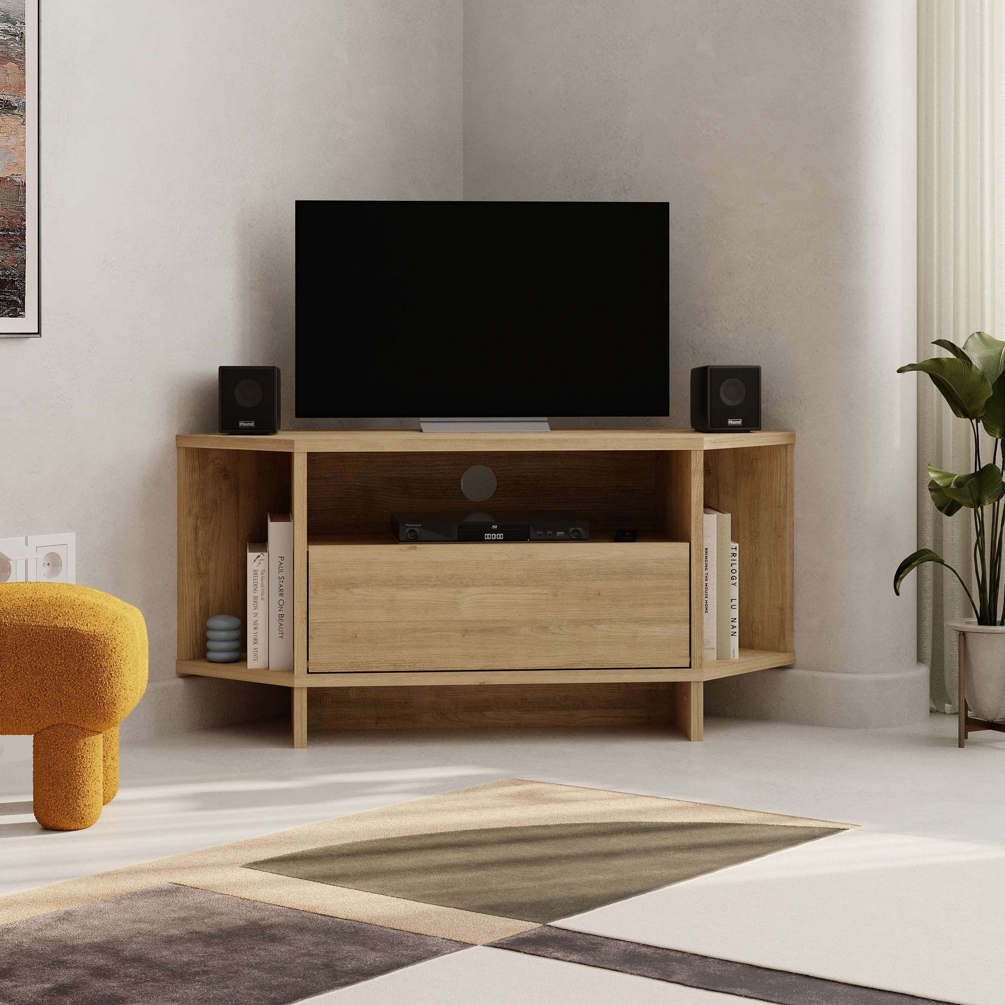 Mesa de TV Sapphire Oak - Suporte Elegante 95cm com Capacidade 10kg e Pernas Elevadas