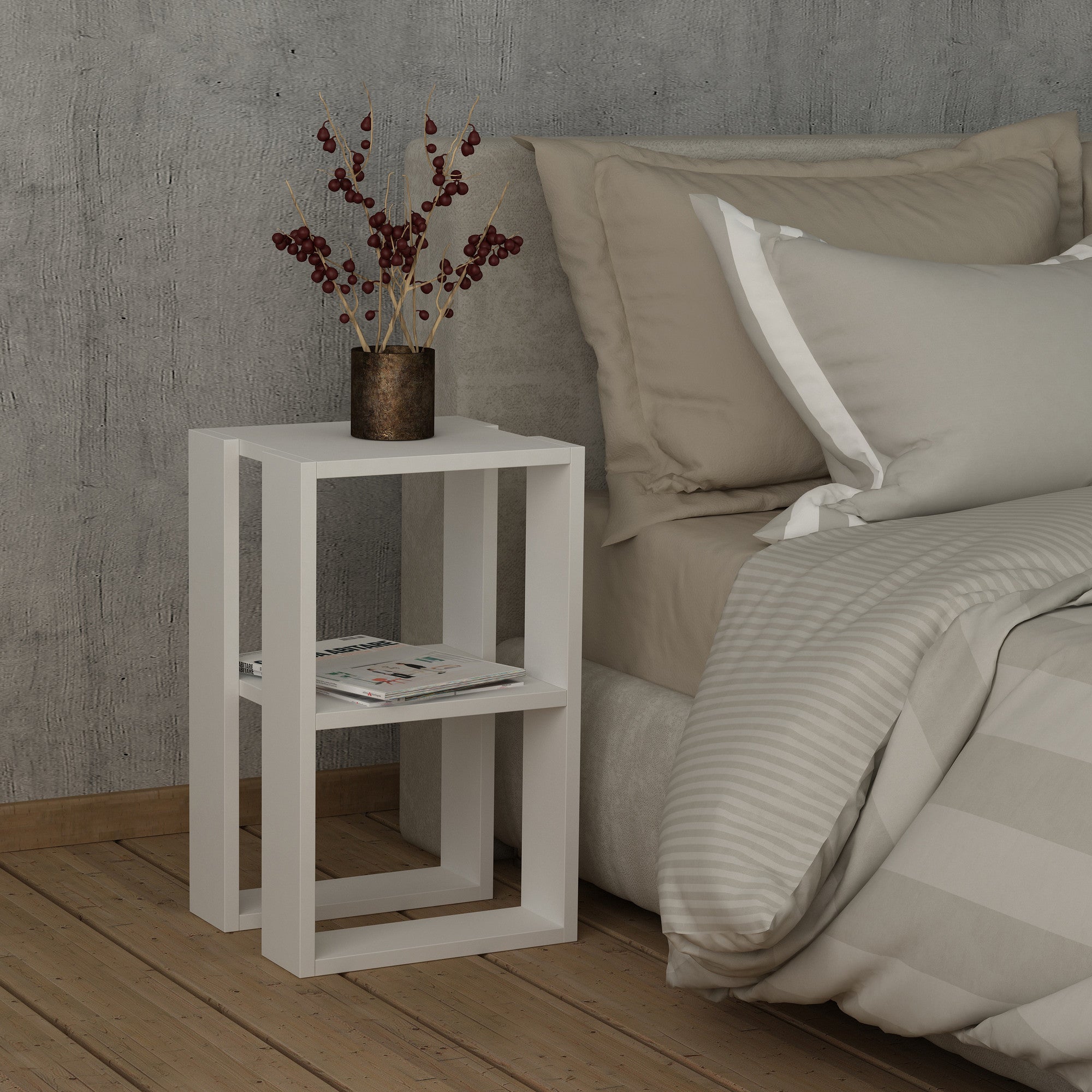 Mesa de Cabeceira Moderna de 2 Andares, Branca, 30 x 55 x 30 cm | Painel de Partículas 100% Revestido em Melamina, 18 mm de Espessura | Elegante e Funcional para Decoração de Quarto