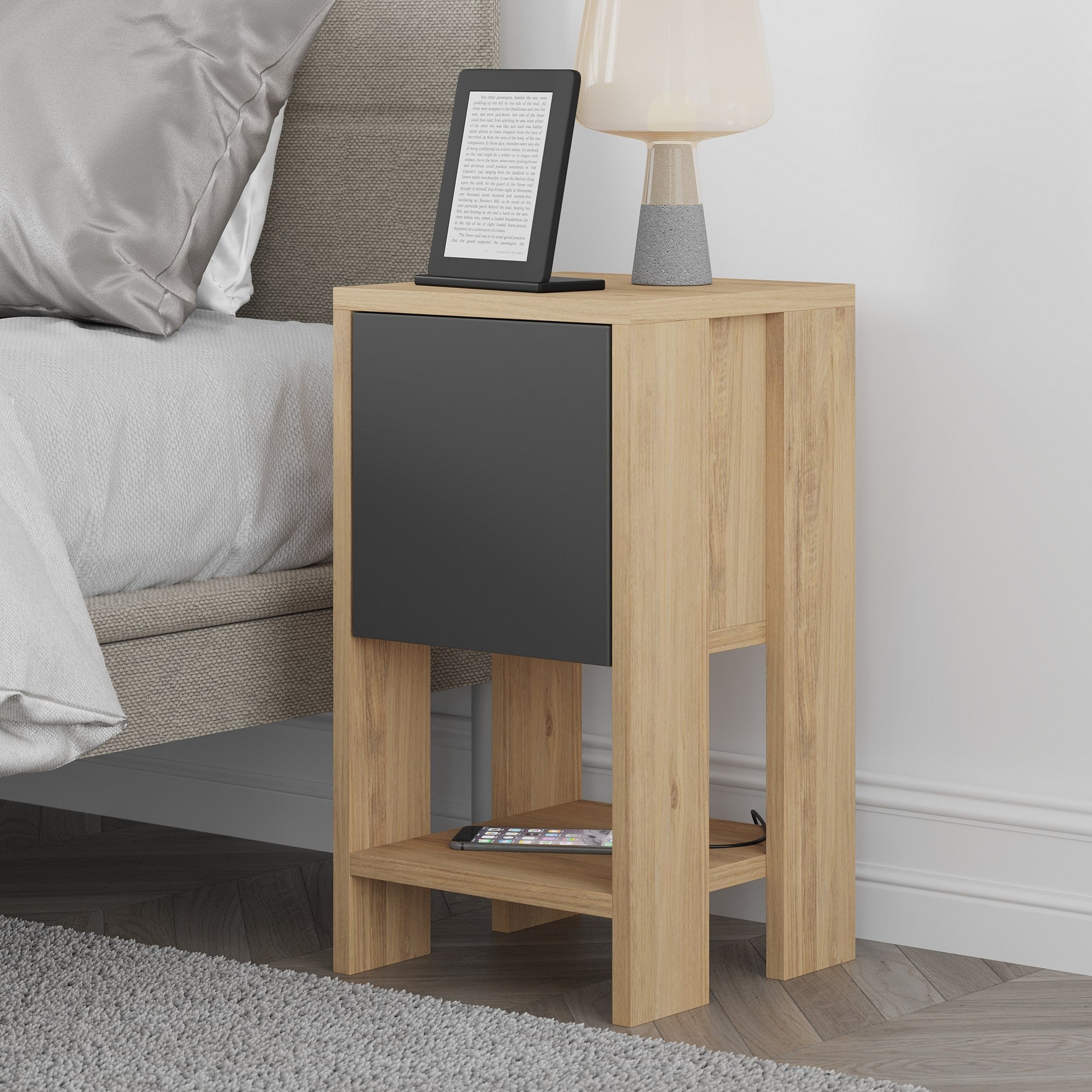 Mesa de Cabeceira Moderna, Carvalho e Antracite, 30 x 55 x 30 cm | Painel de Partículas 100% Revestido em Melamina, 18 mm de Espessura | Elegante e Funcional para Armazenamento no Quarto
