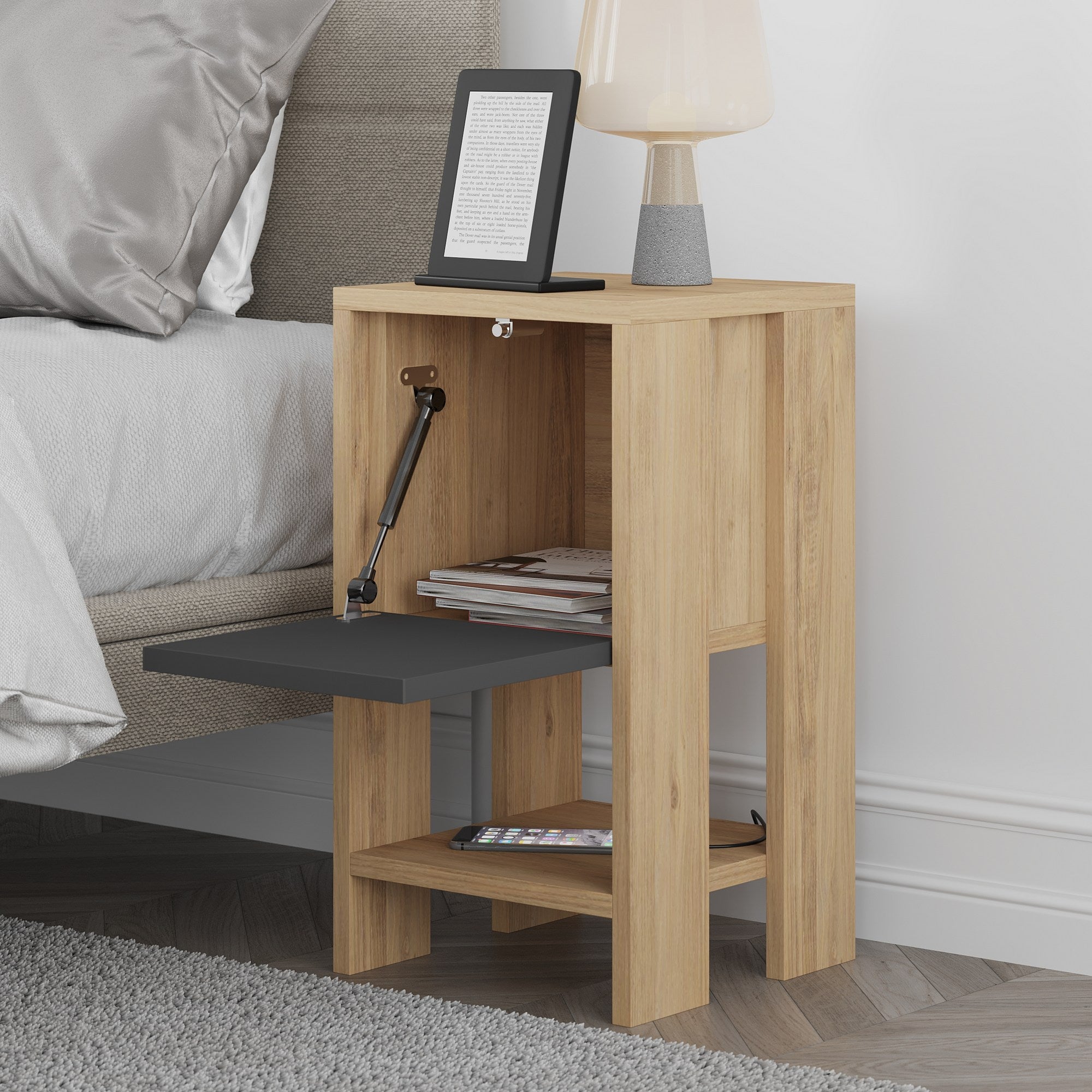 Mesa de Cabeceira Moderna, Carvalho e Antracite, 30 x 55 x 30 cm | Painel de Partículas 100% Revestido em Melamina, 18 mm de Espessura | Elegante e Funcional para Armazenamento no Quarto