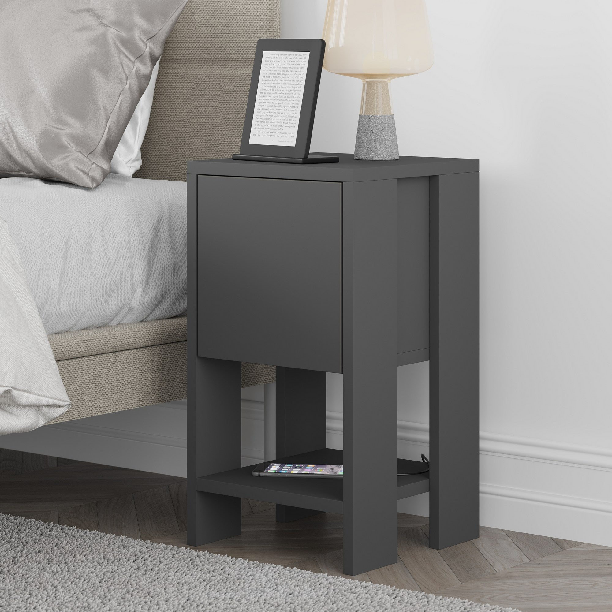Mesa de Cabeceira Moderna em Antracite, 30 x 55 x 30 cm | Painel de Partículas 100% Revestido em Melamina, 18 mm de Espessura | Elegante e Funcional para Armazenamento no Quarto