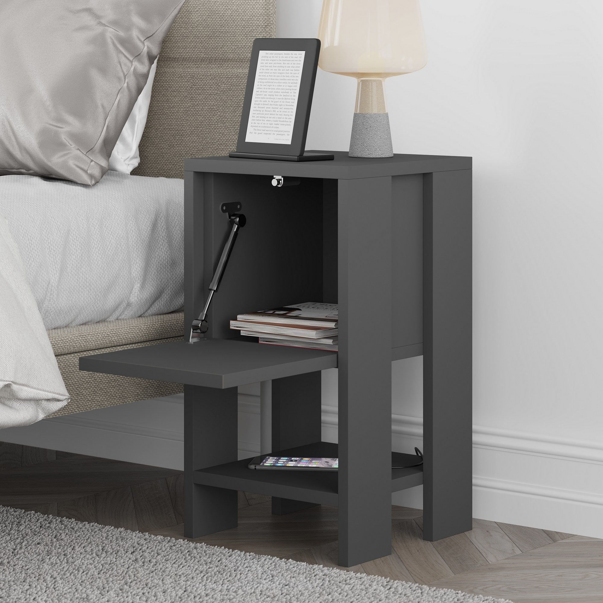 Mesa de Cabeceira Moderna em Antracite, 30 x 55 x 30 cm | Painel de Partículas 100% Revestido em Melamina, 18 mm de Espessura | Elegante e Funcional para Armazenamento no Quarto