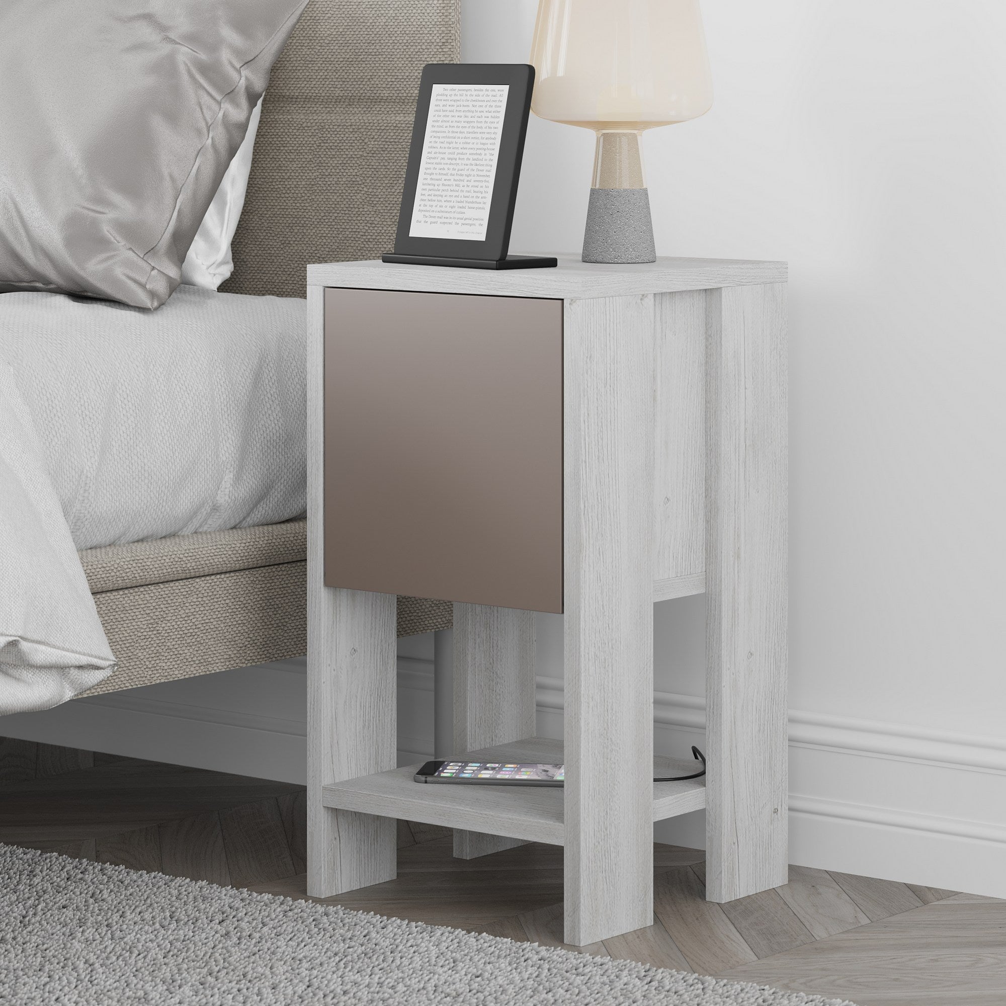 Mesa de Cabeceira Moderna, Branco e Mocha Claro, 30 x 55 x 30 cm | Painel de Partículas 100% Revestido com Melamina, 18 mm de Espessura | Solução de Armazenamento Elegante e Funcional