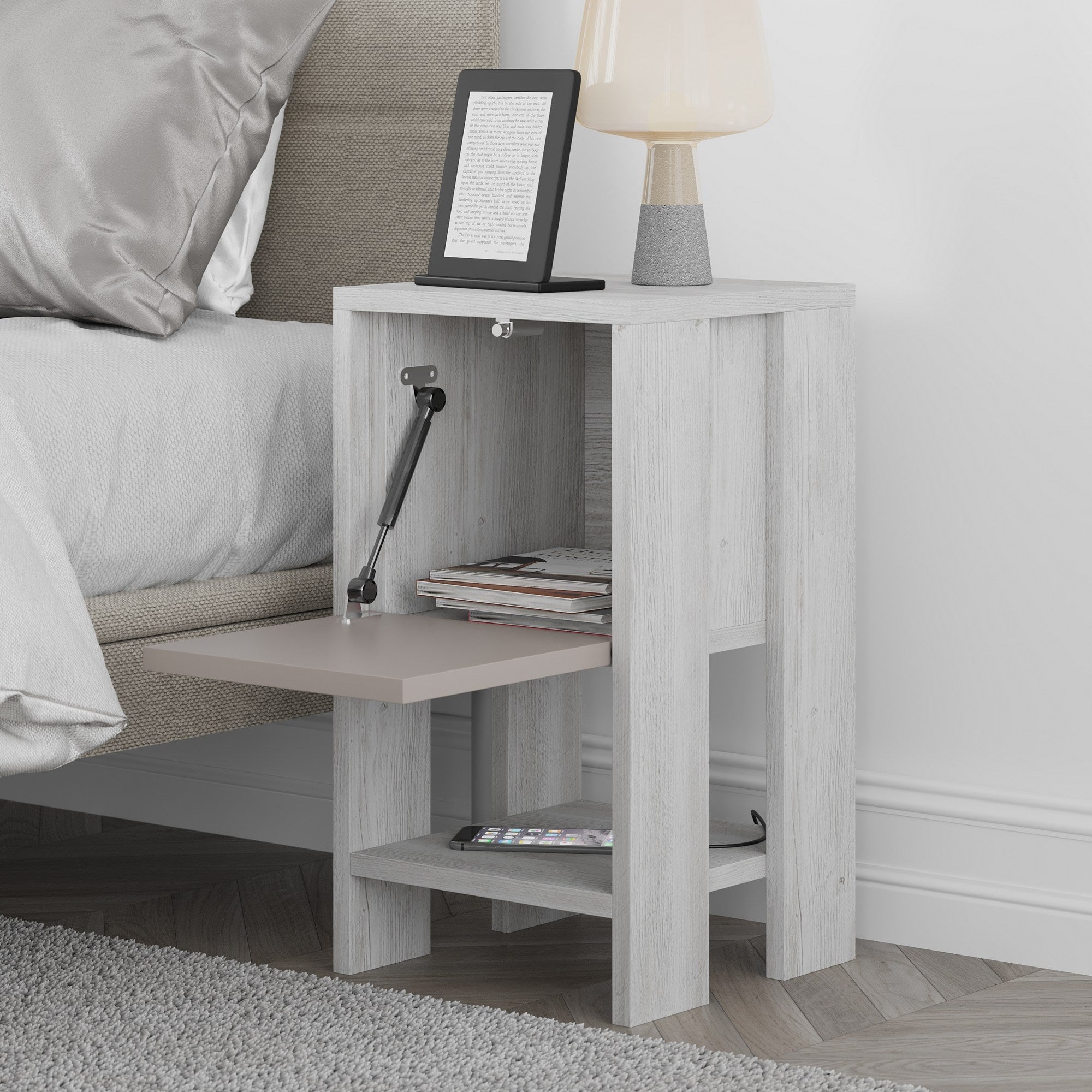 Mesa de Cabeceira Moderna, Branco e Mocha Claro, 30 x 55 x 30 cm | Painel de Partículas 100% Revestido com Melamina, 18 mm de Espessura | Solução de Armazenamento Elegante e Funcional